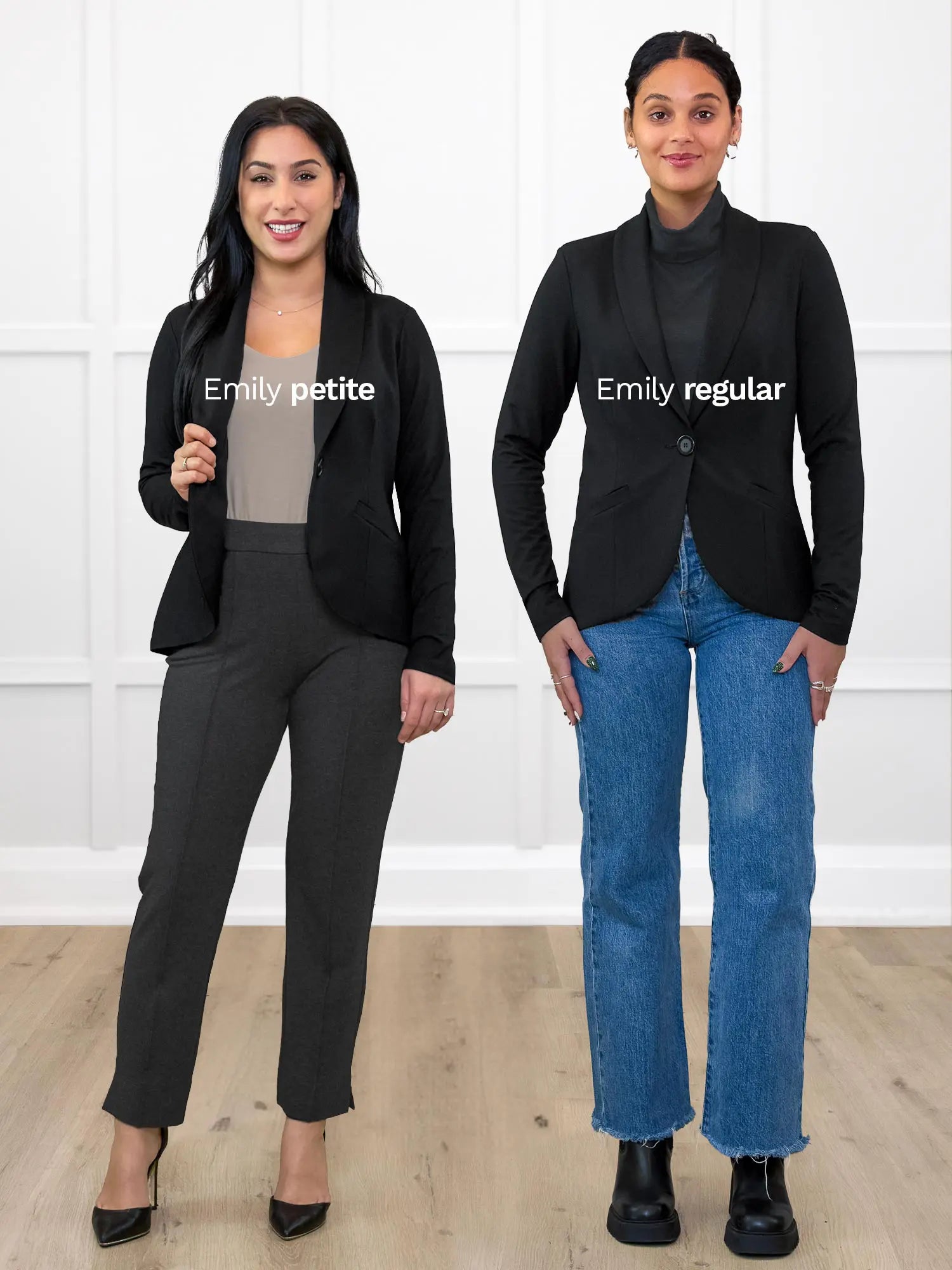 Miik model Yasmine and Meron showing the difference between the Emily petite fit vs the regular fit in black