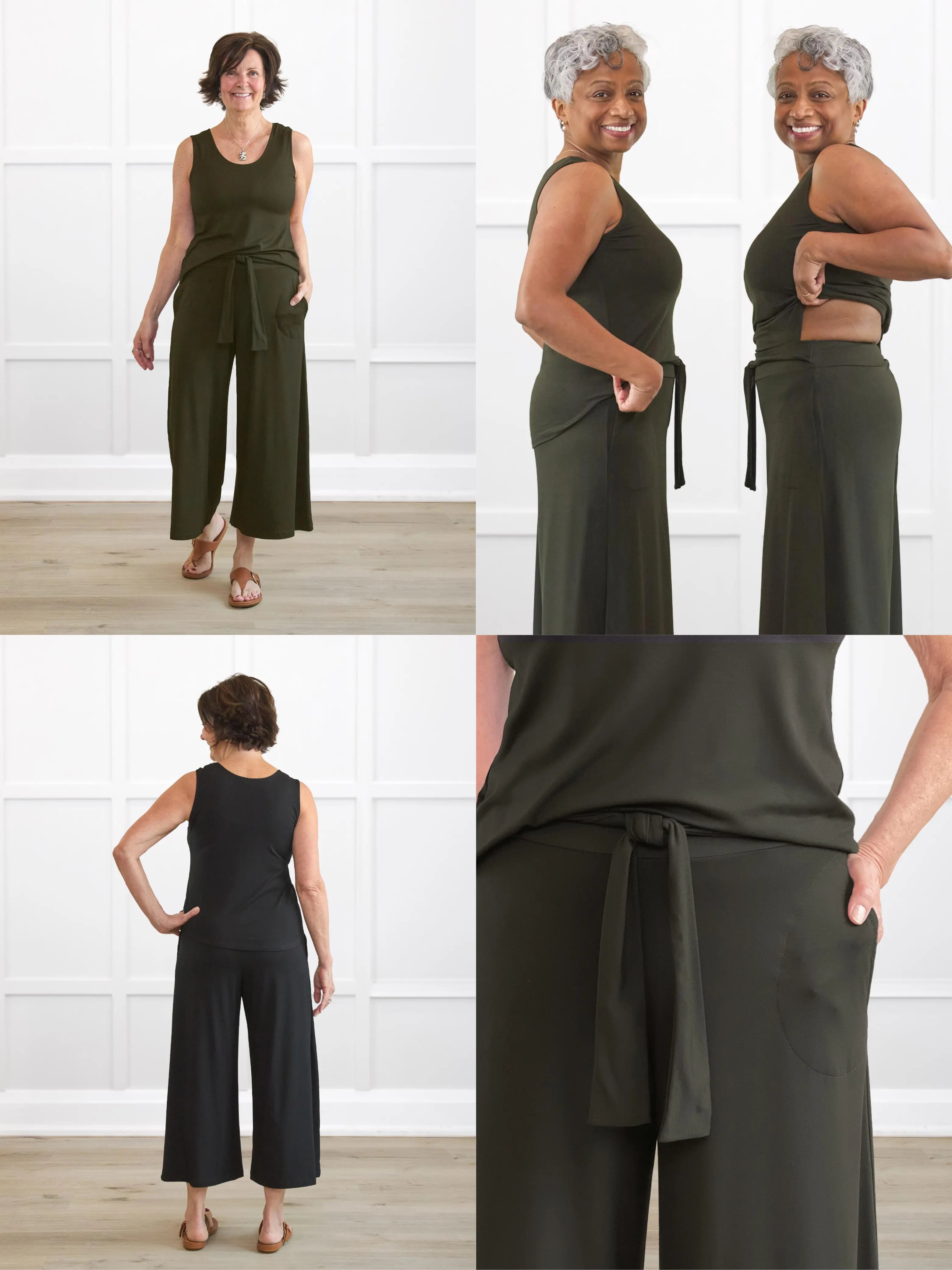 4 images showing the detail of Kavita open-back wide leg capri jumpsuit.