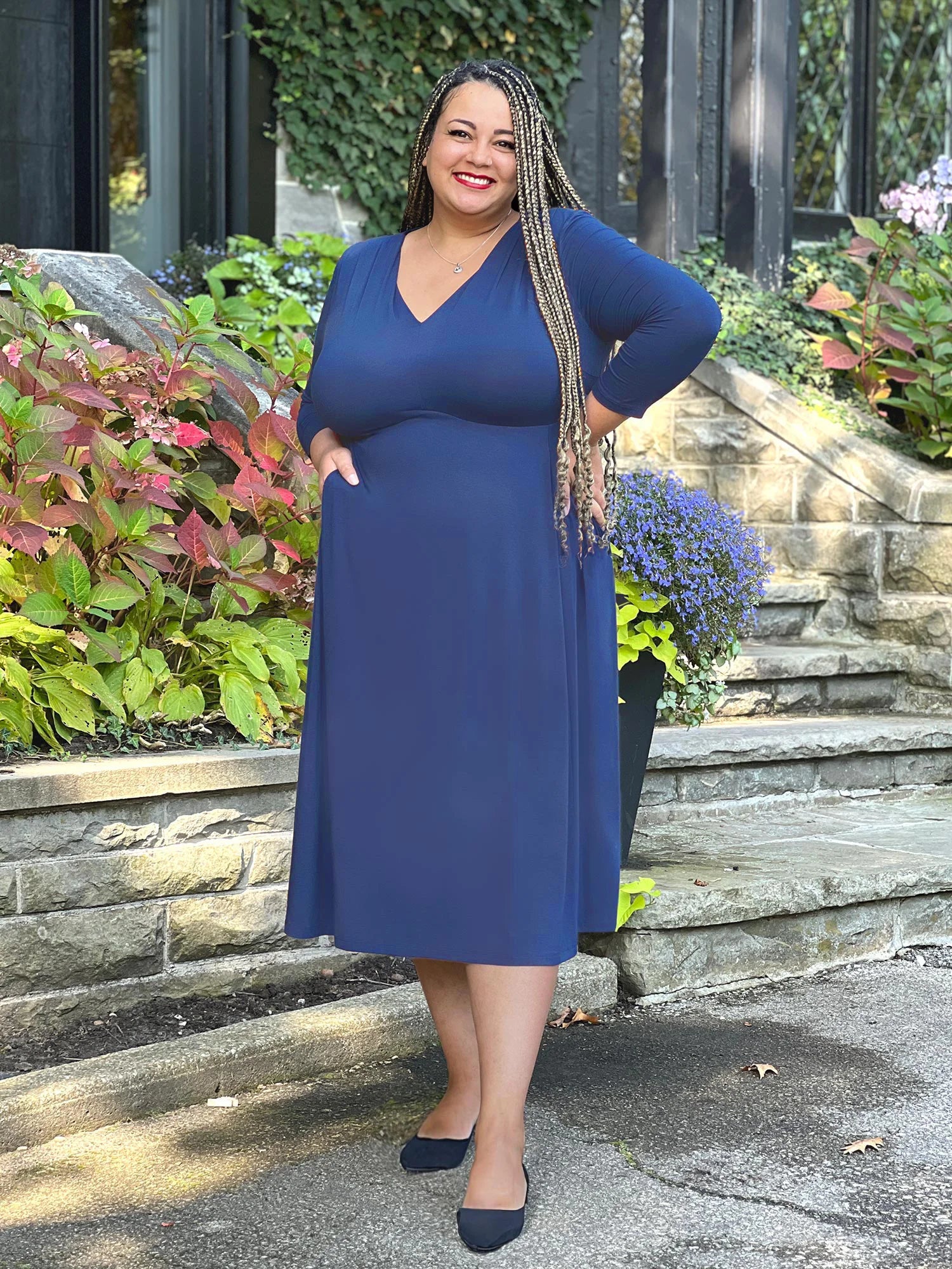 Lolly midi flounce dress with pockets in Blueberry