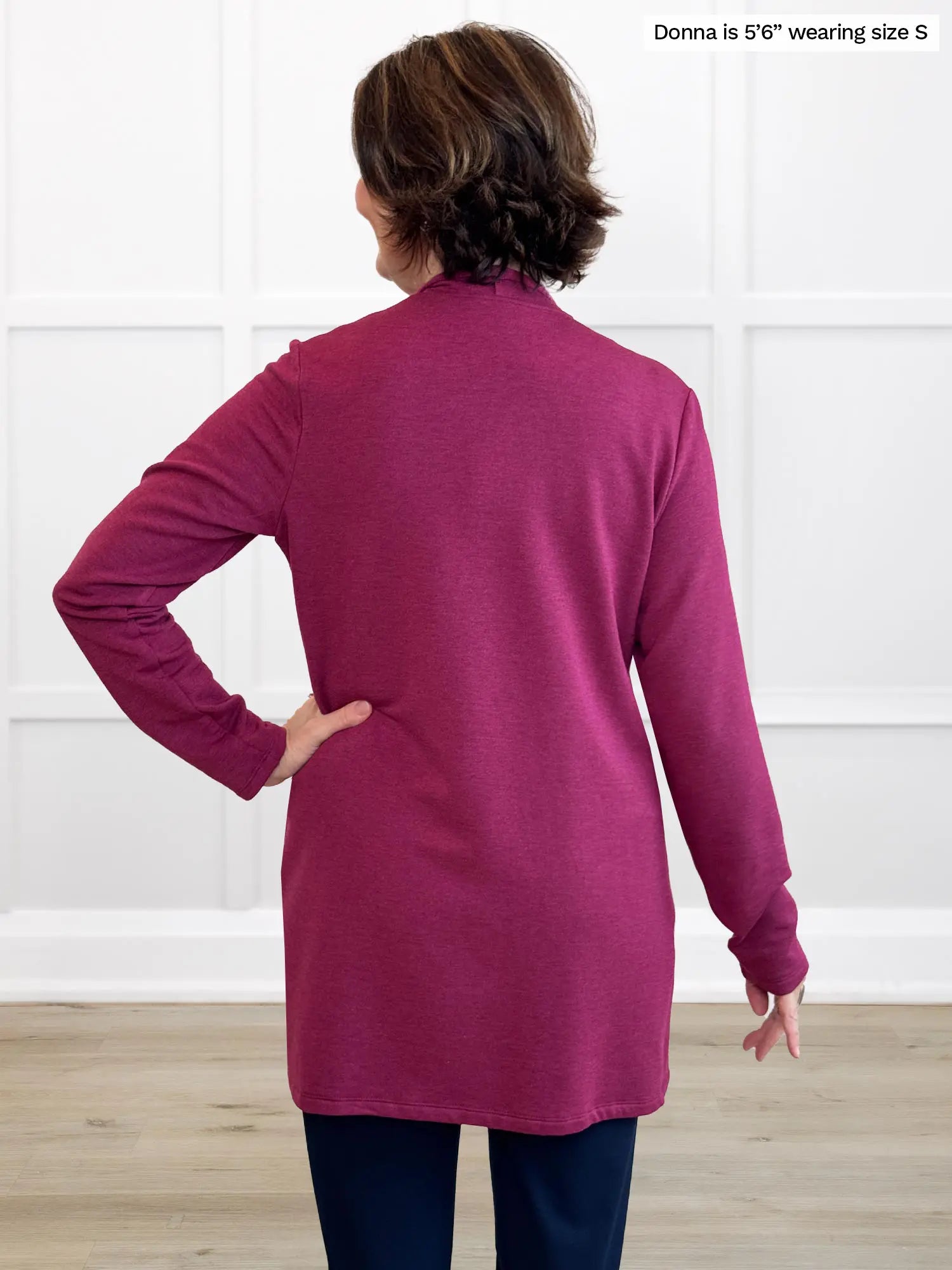 Miik founder Donna (5’6”, small) standing with her back towards the camera showing the back of Miik&