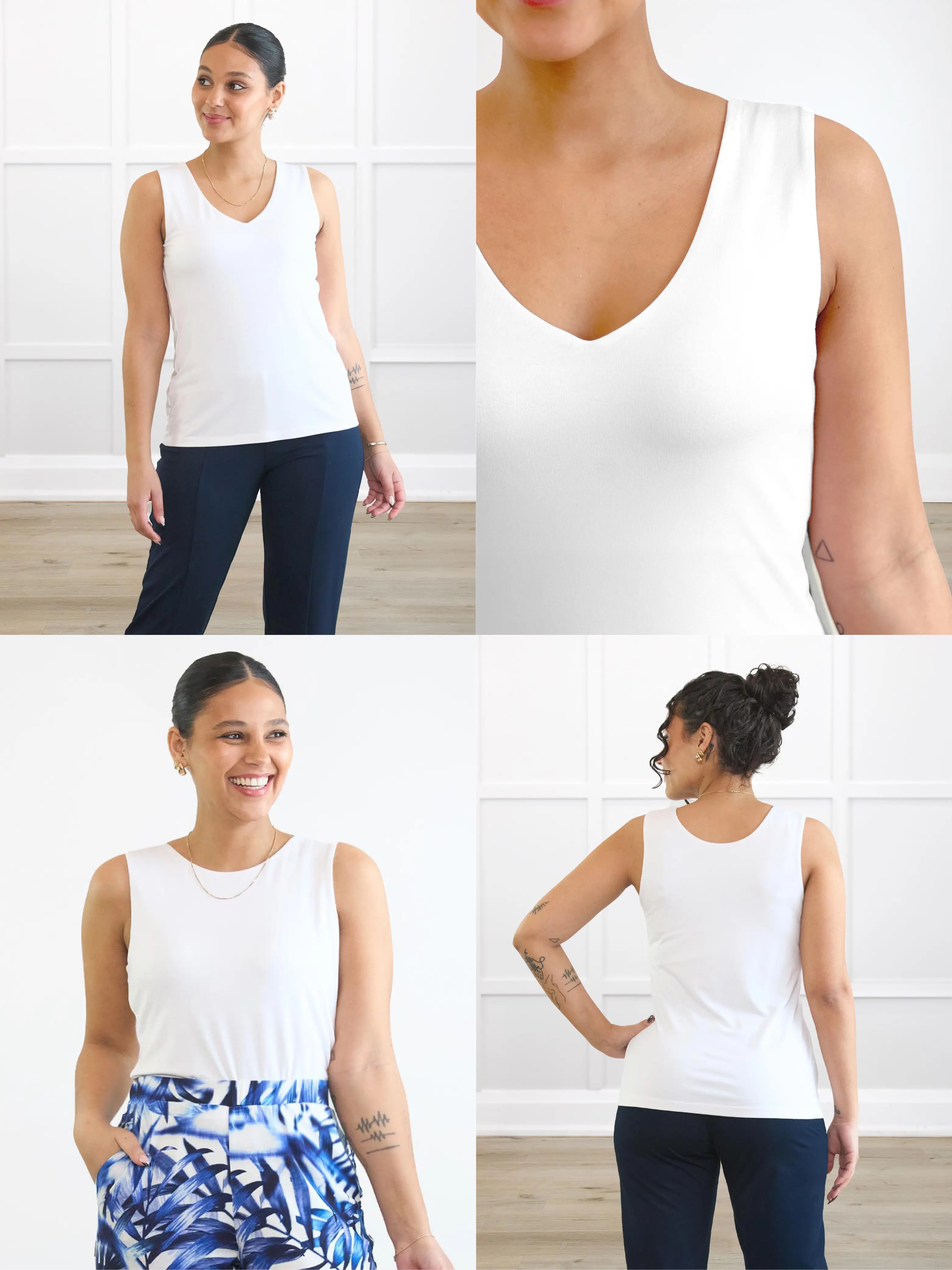 4 images showing the detail of Nella reversible v-neck top
