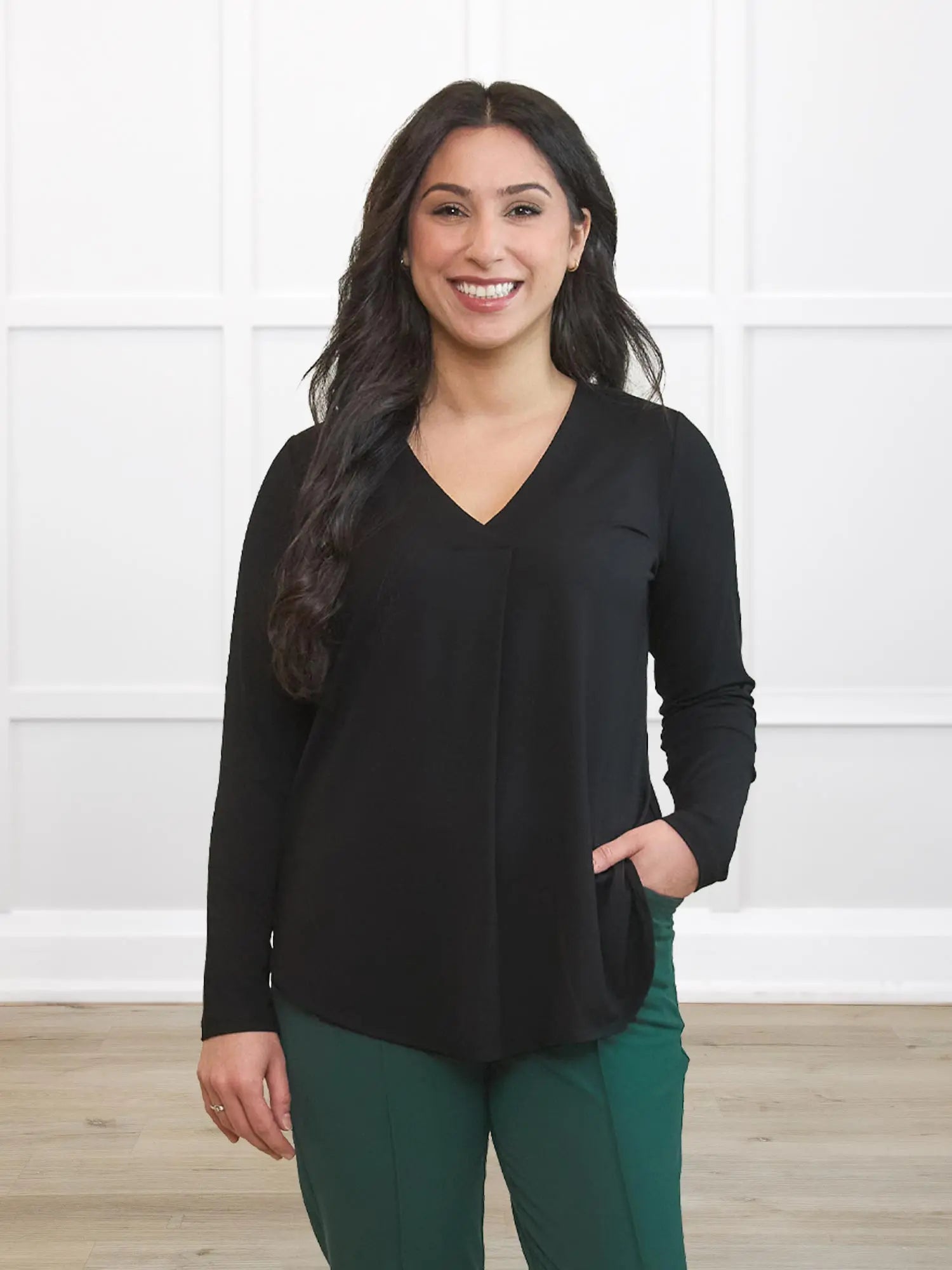 Nika v neck long sleeve flowy blouse black for women in black