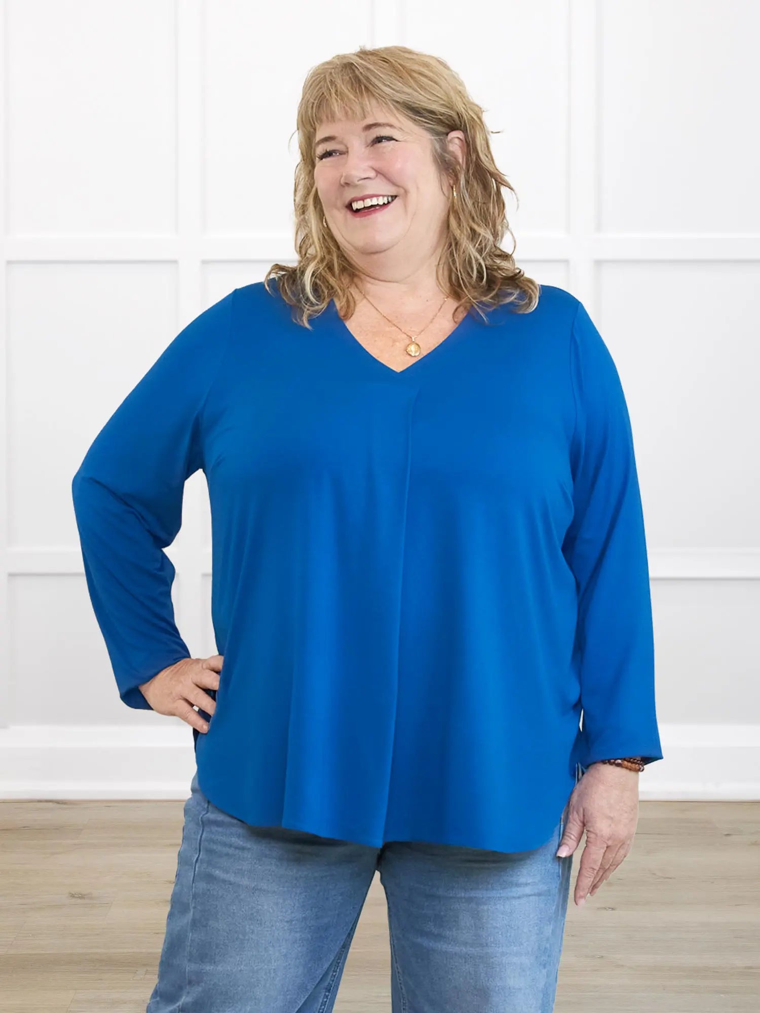 Nika v neck long sleeve flowy blouse peacock blue for women