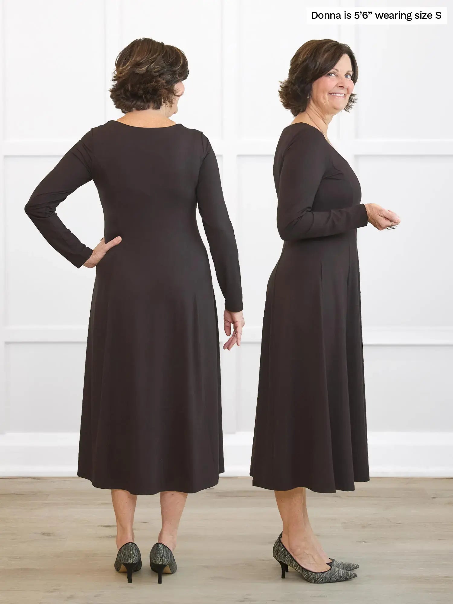 Woman wearing a dark brown dress from front and back views on a white background