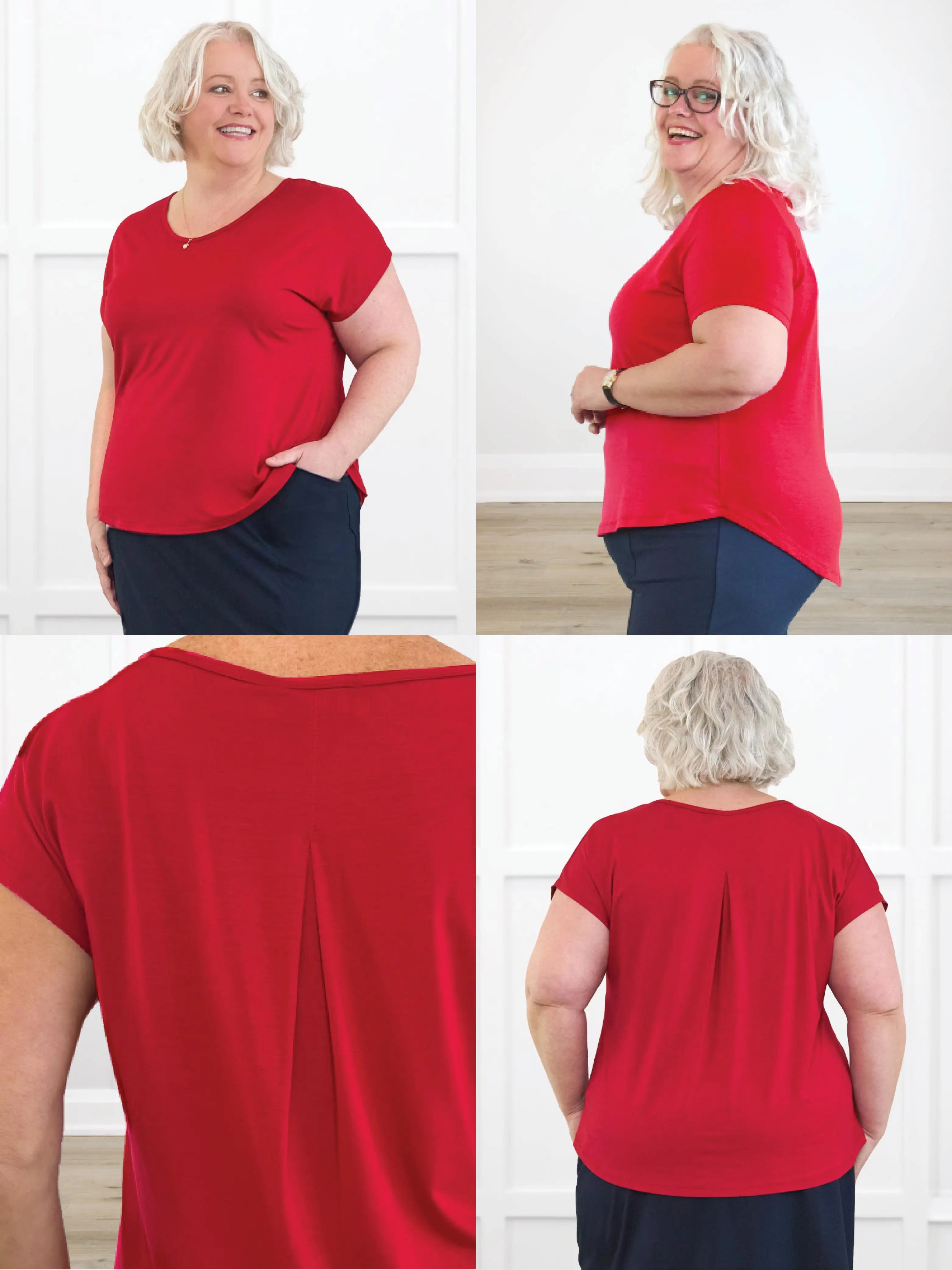 4 images showing the detail of Reina v-neck dolman top