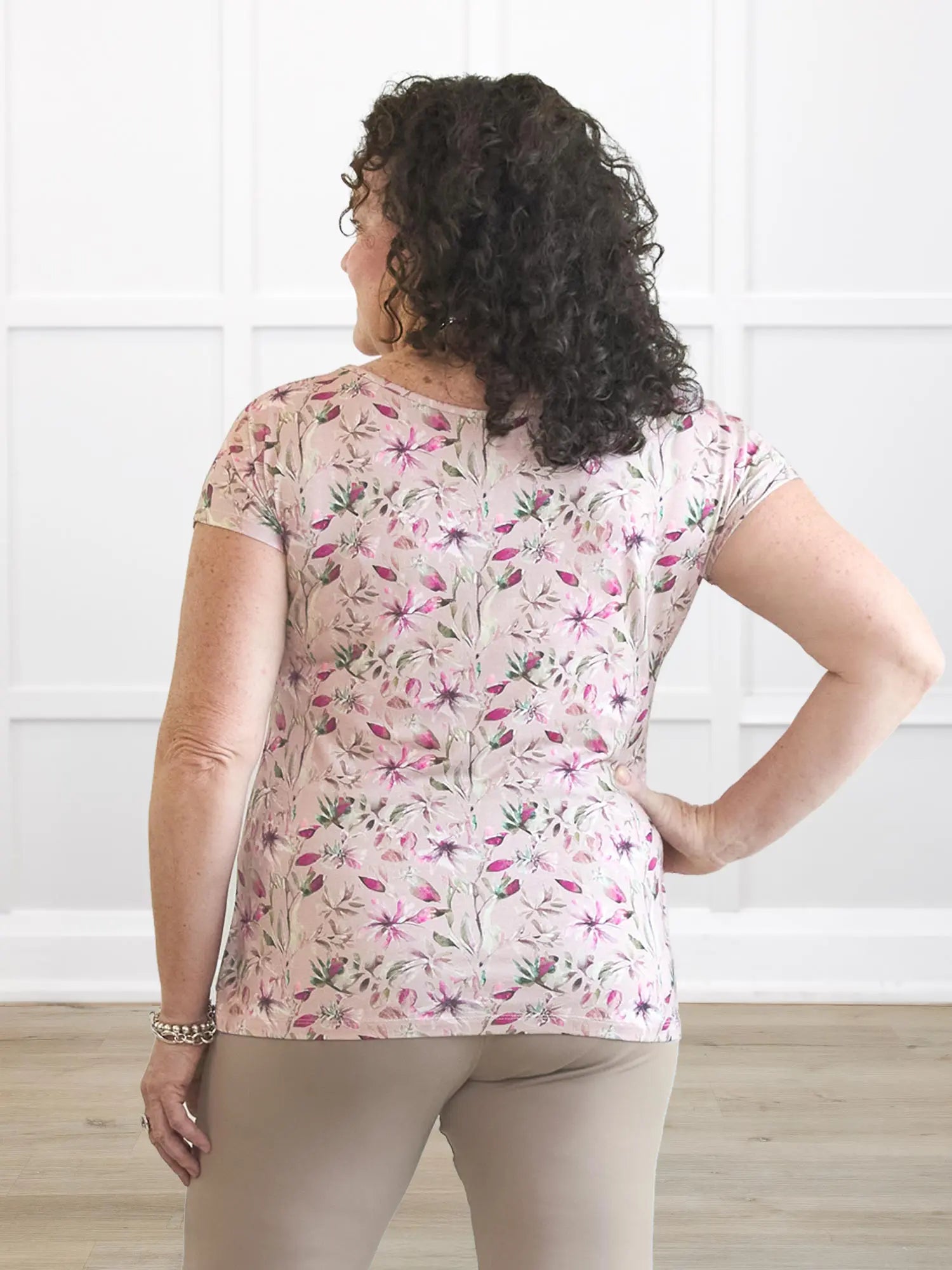 Rio reversible neckline dolman tee in Wild magnolia on model Kerri, size M @Kerri-M