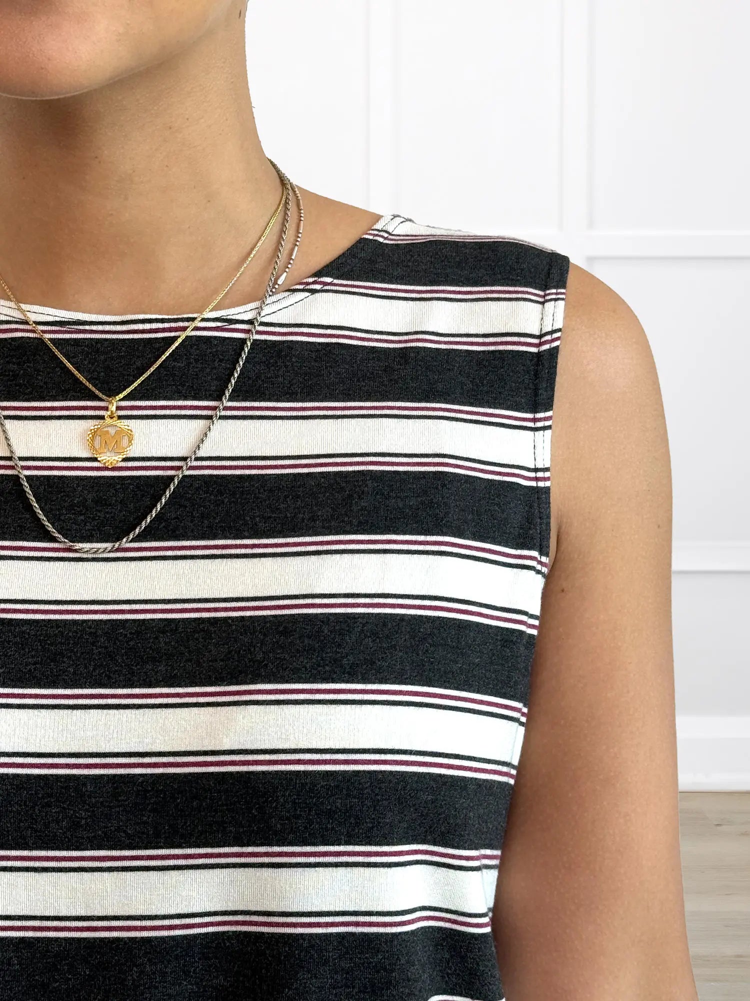 A closeup detail of the neckline of Miik&