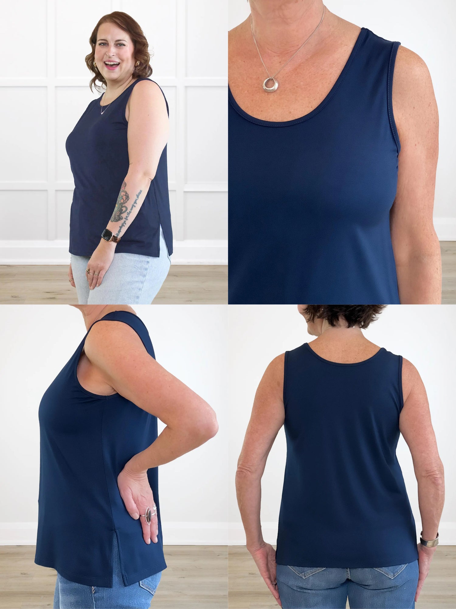 4 images showing the detail of Shyanne reversible neckline side slit tank