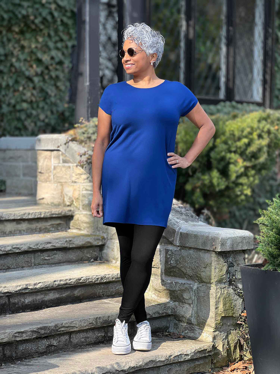 Blue dress with black leggings new arrivals