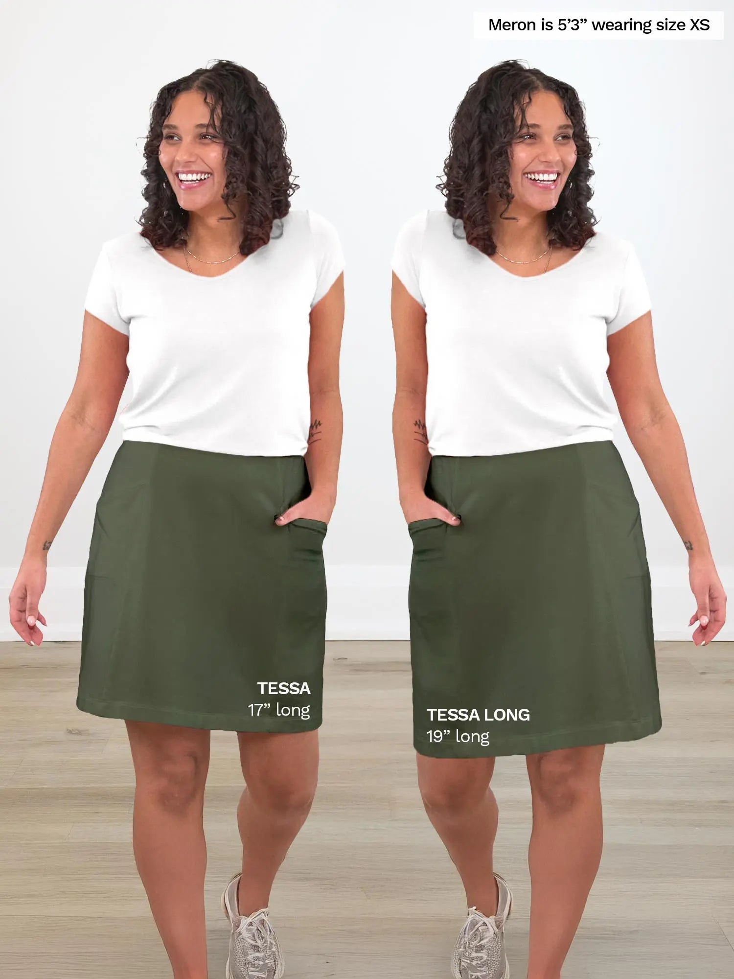 Woman modeling side by side images of the Tessa high waisted pocket skort in cactus green, in regular vs. long