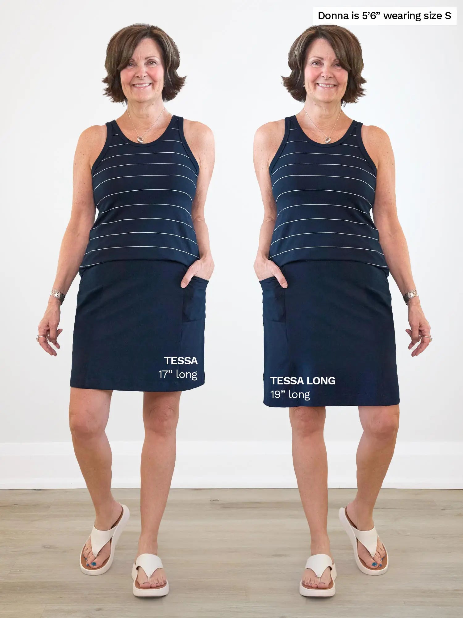 Woman modeling side by side images of the Tessa high waisted pocket skort in navy, in regular vs. long length.
