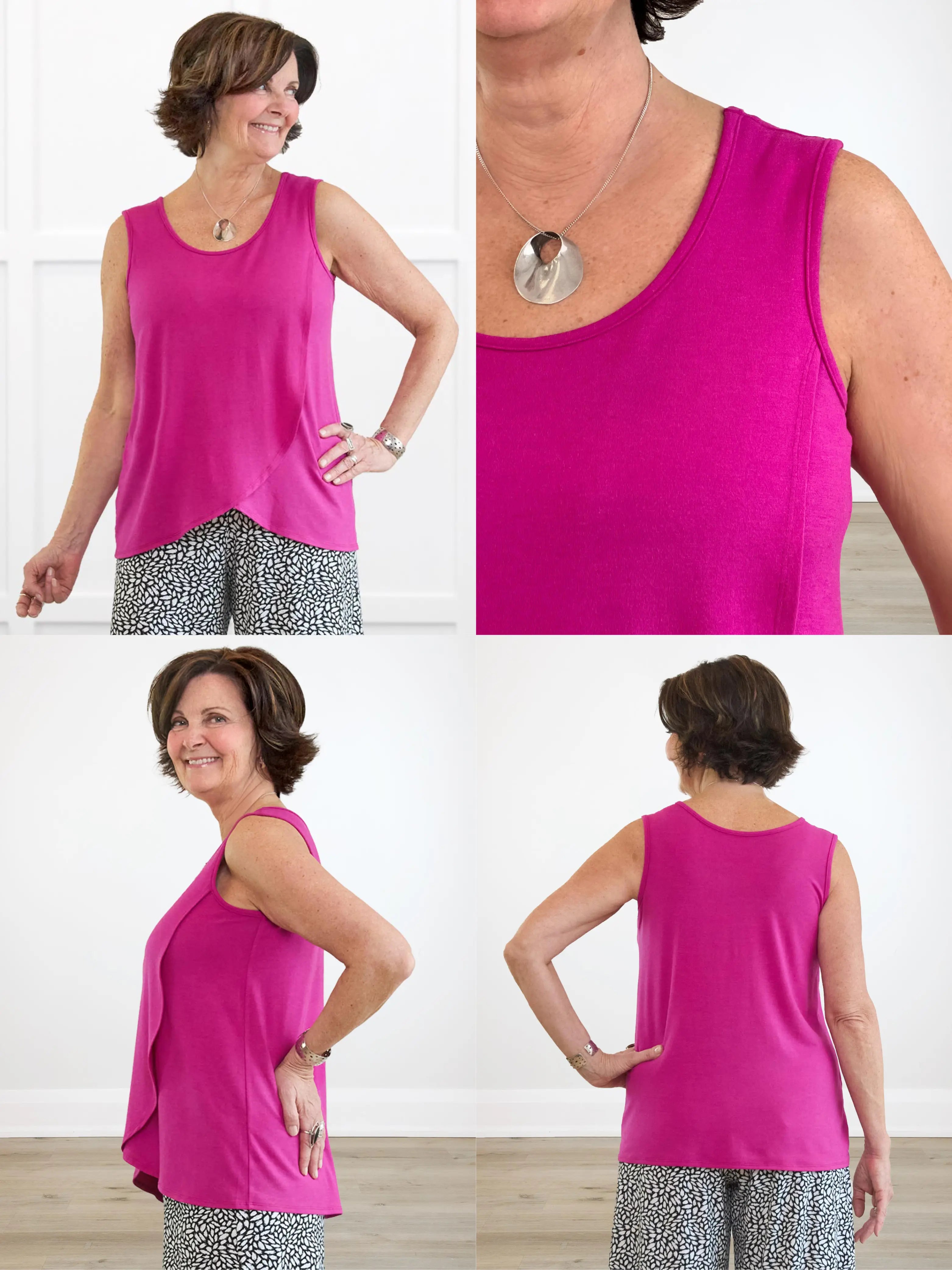 4 images showing the detail of Yuki reversible neckline tulip top