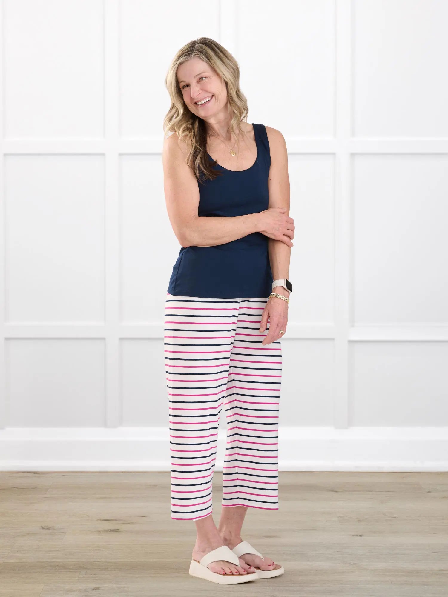 Adhara striped pj capri pant for women in Beachfront stripe on model Rae, size XS @Rae-XS
