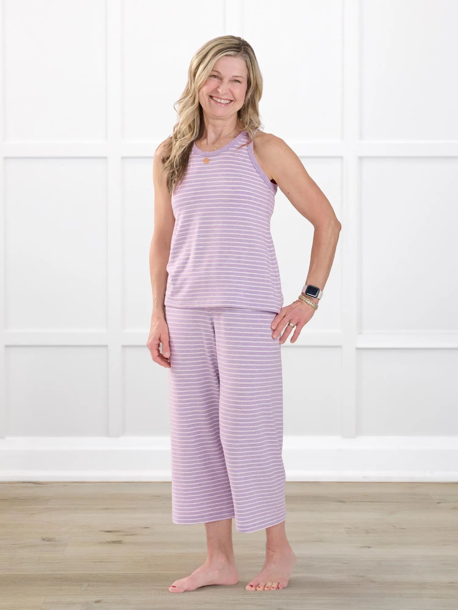 Adhara striped pj capri pant for women in Lilac stripe on model Rae, size XS @Rae-XS