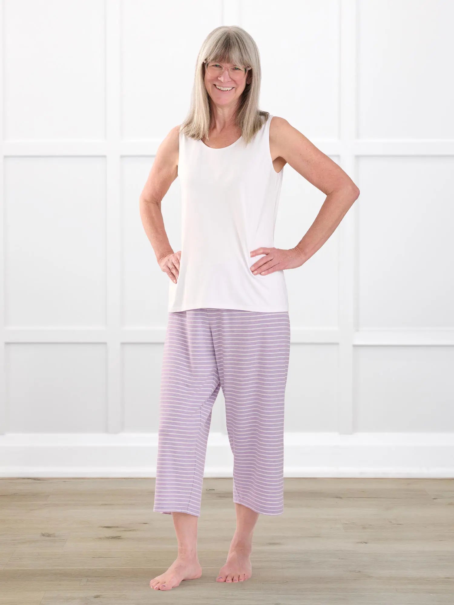 Adhara striped pj capri pant for women in Lilac stripe on model Rose, size M @Rose-M