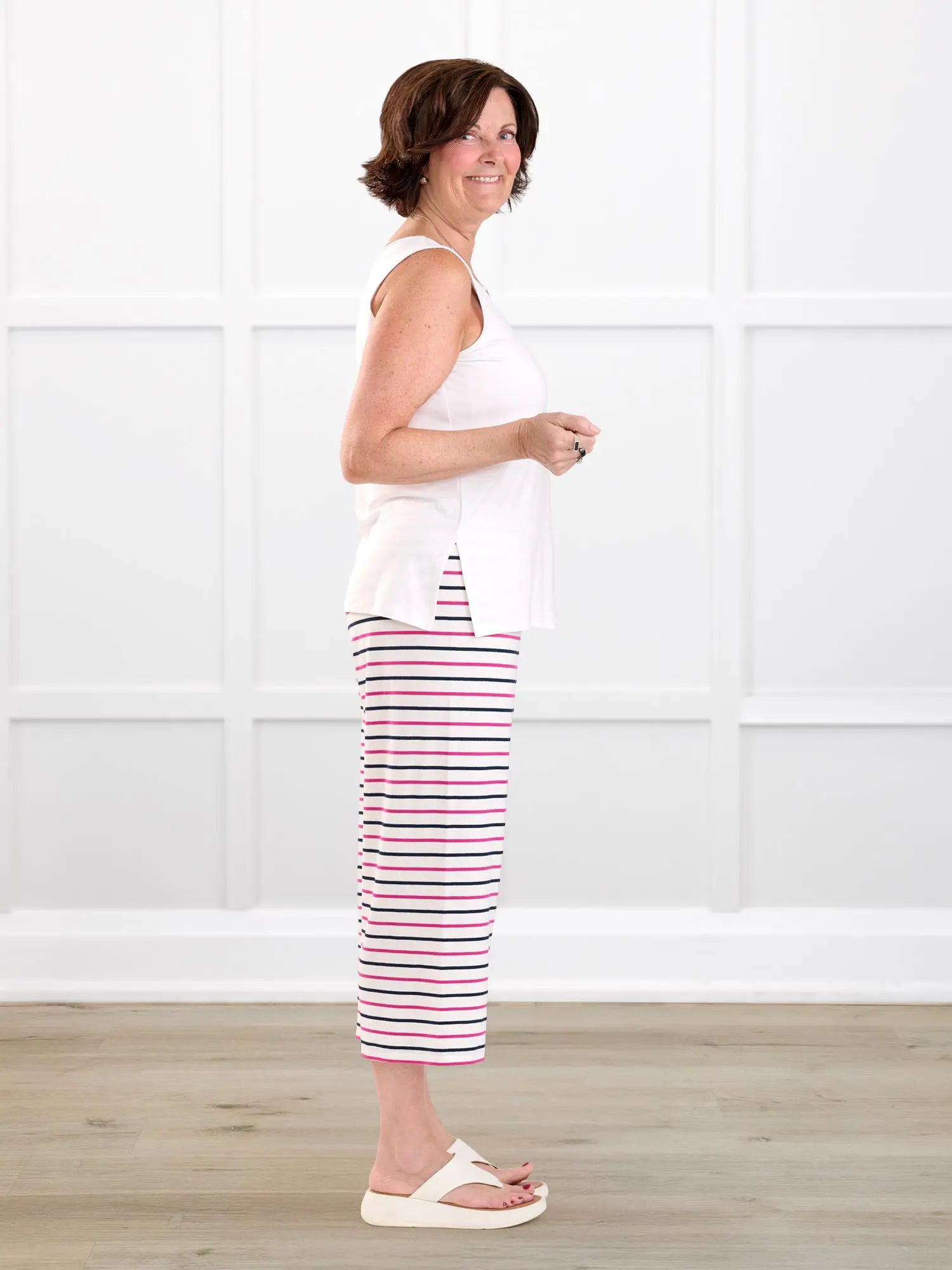 Adhara striped pj capri pant for women in Beachfront stripe on model Donna, size S @Donna-S