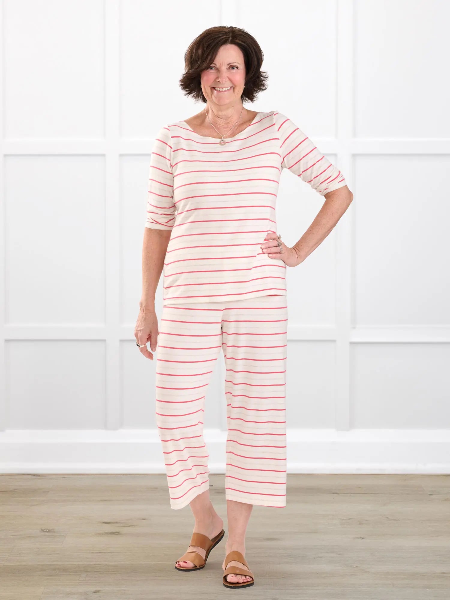 Adhara striped pj capri pant for women in Flamingo stripe on model Donna, size S @Donna-S