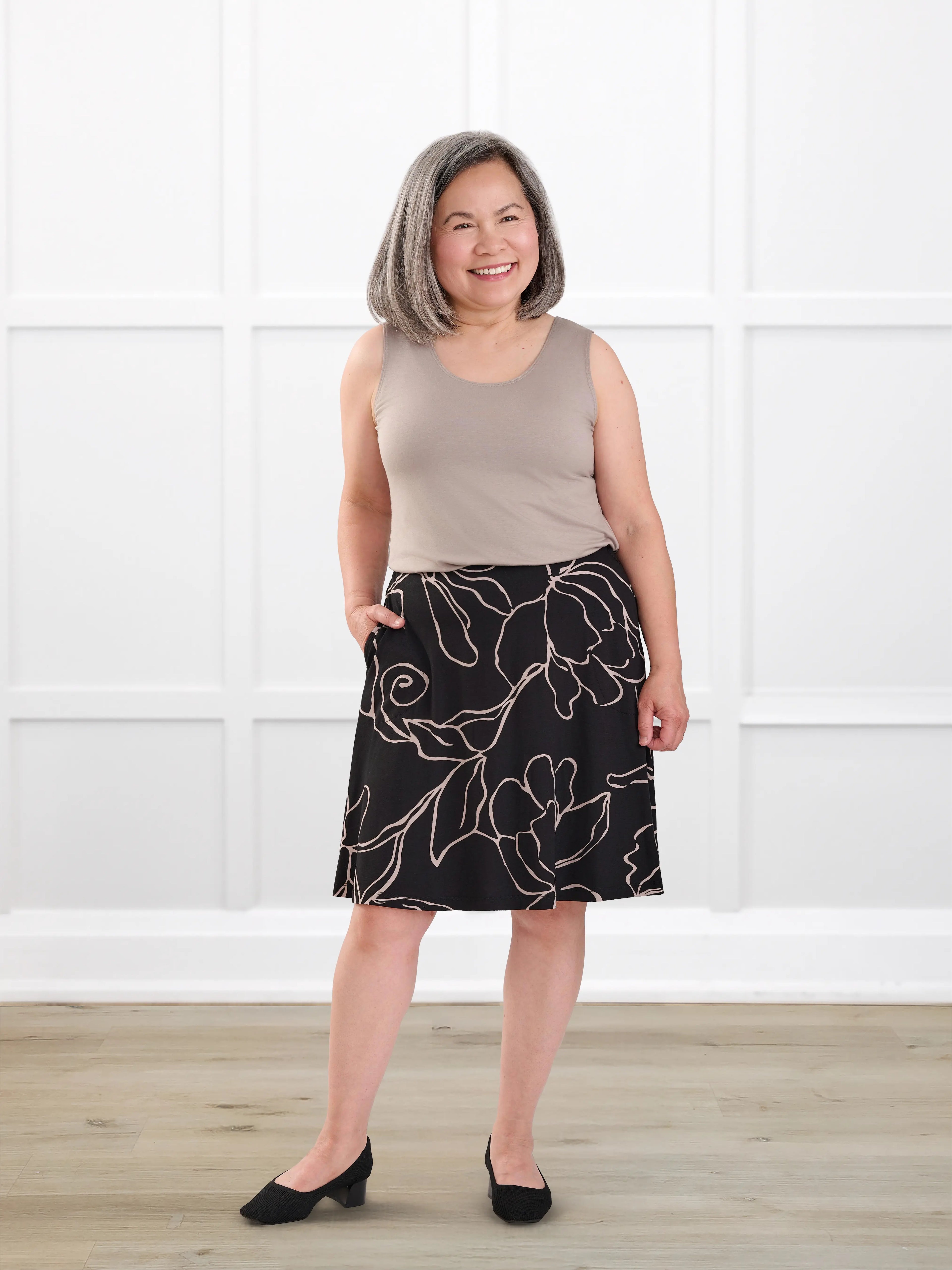 Adina flowy knee length pocket skort for women in Contour floral on model Terry, size S @Terry-S