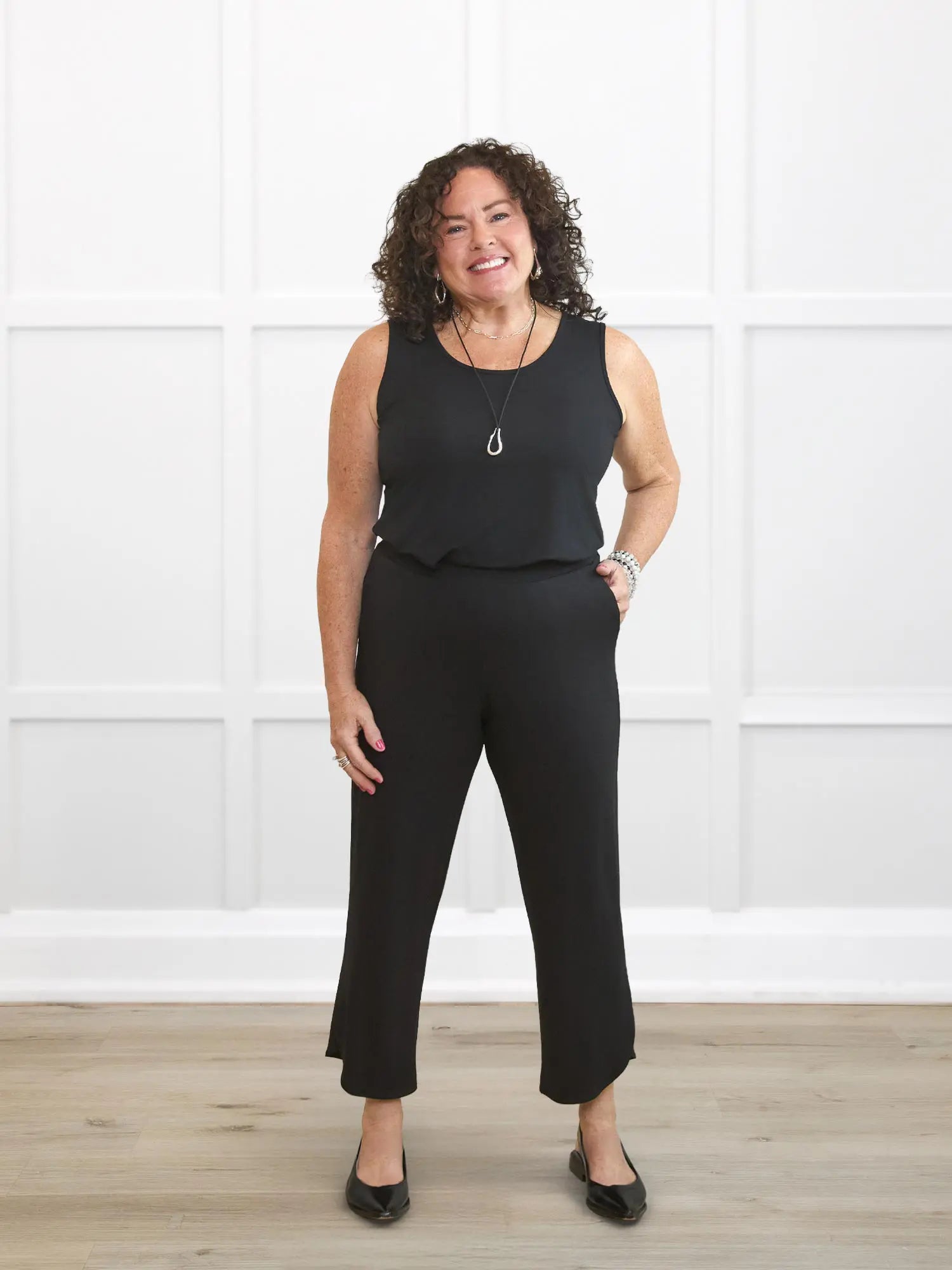 Akira tulip hem capri pant for women in Black on model Kerri, size M Petite @Kerri-M-petite