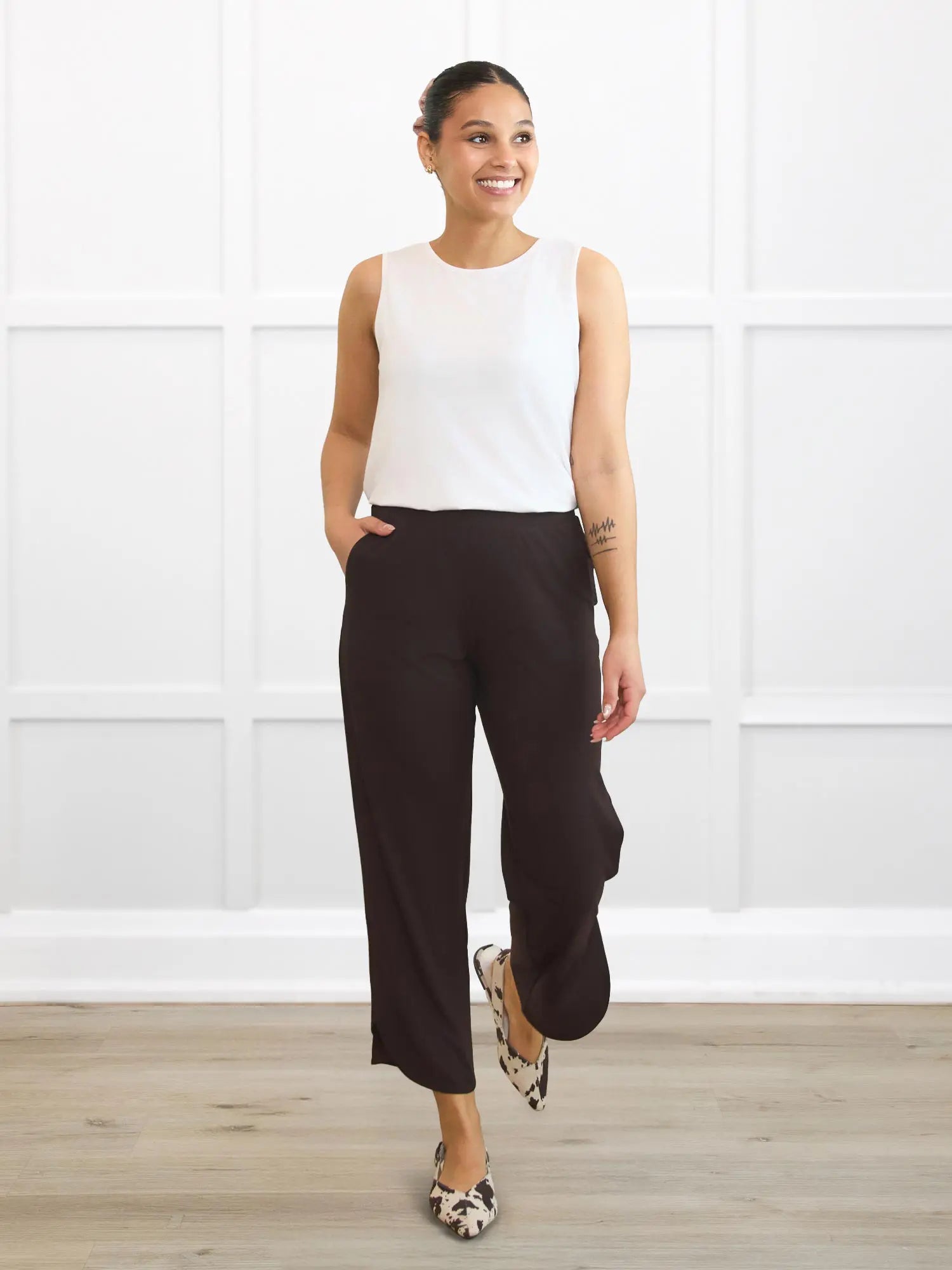 Akira tulip hem capri pant for women in Dark chocolate on model Meron, size XS Regular @Meron-XS-regular