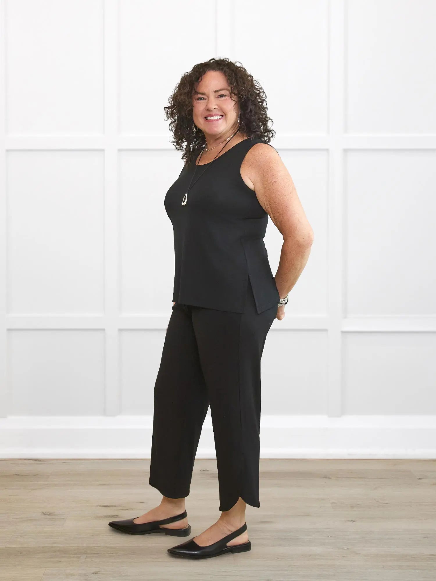 Akira tulip hem capri pant for women in Black on model Kerri, size M Petite @Kerri-M-petite