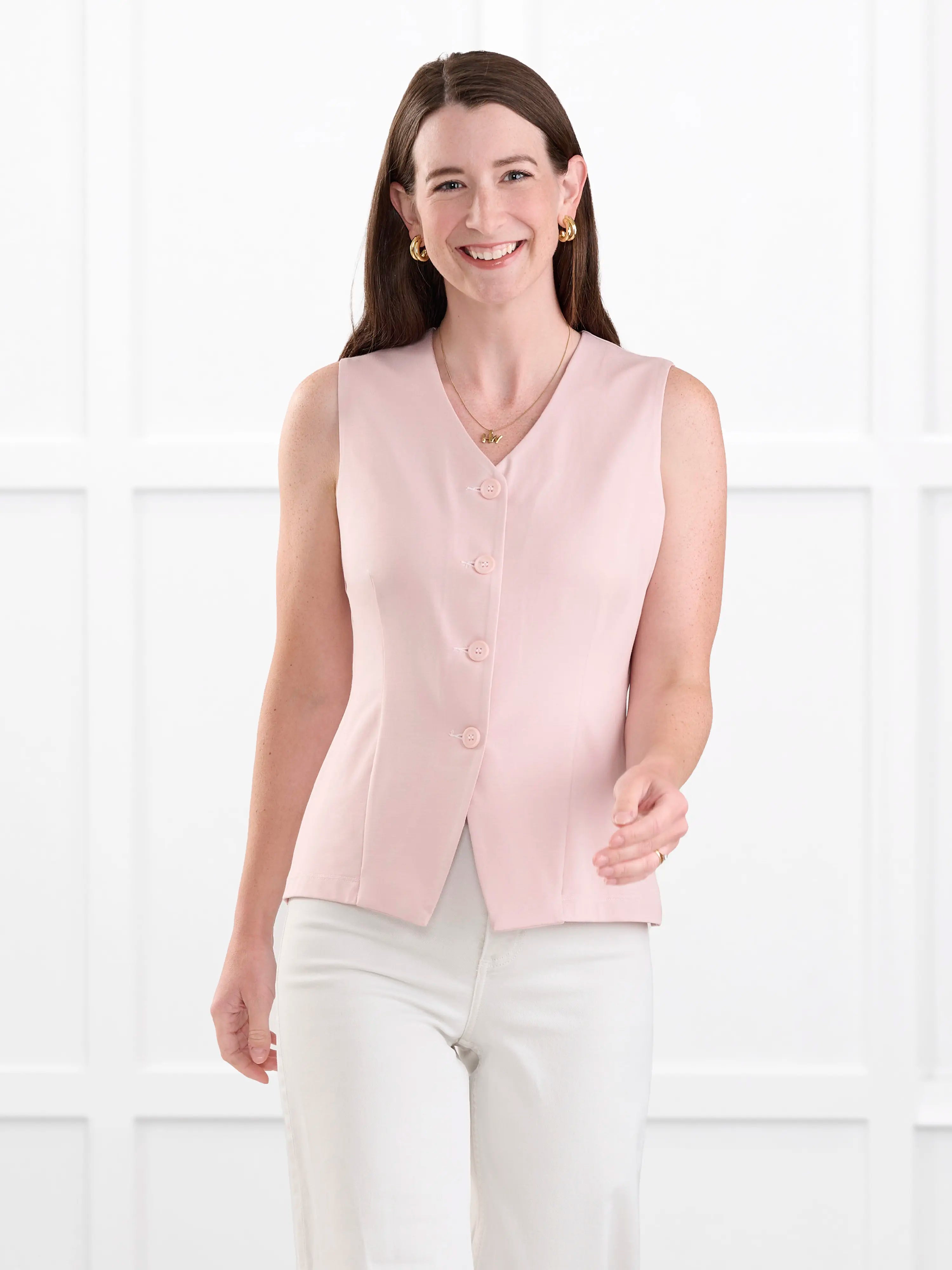 Alba tailored stretchy vest for women in Ballet pink on model Jo, size XS @Jo-XS