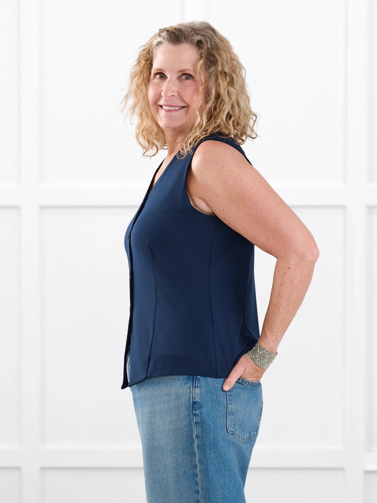 Alba tailored stretchy vest for women in Navy on model Carolyn, size L @Carolyn-L