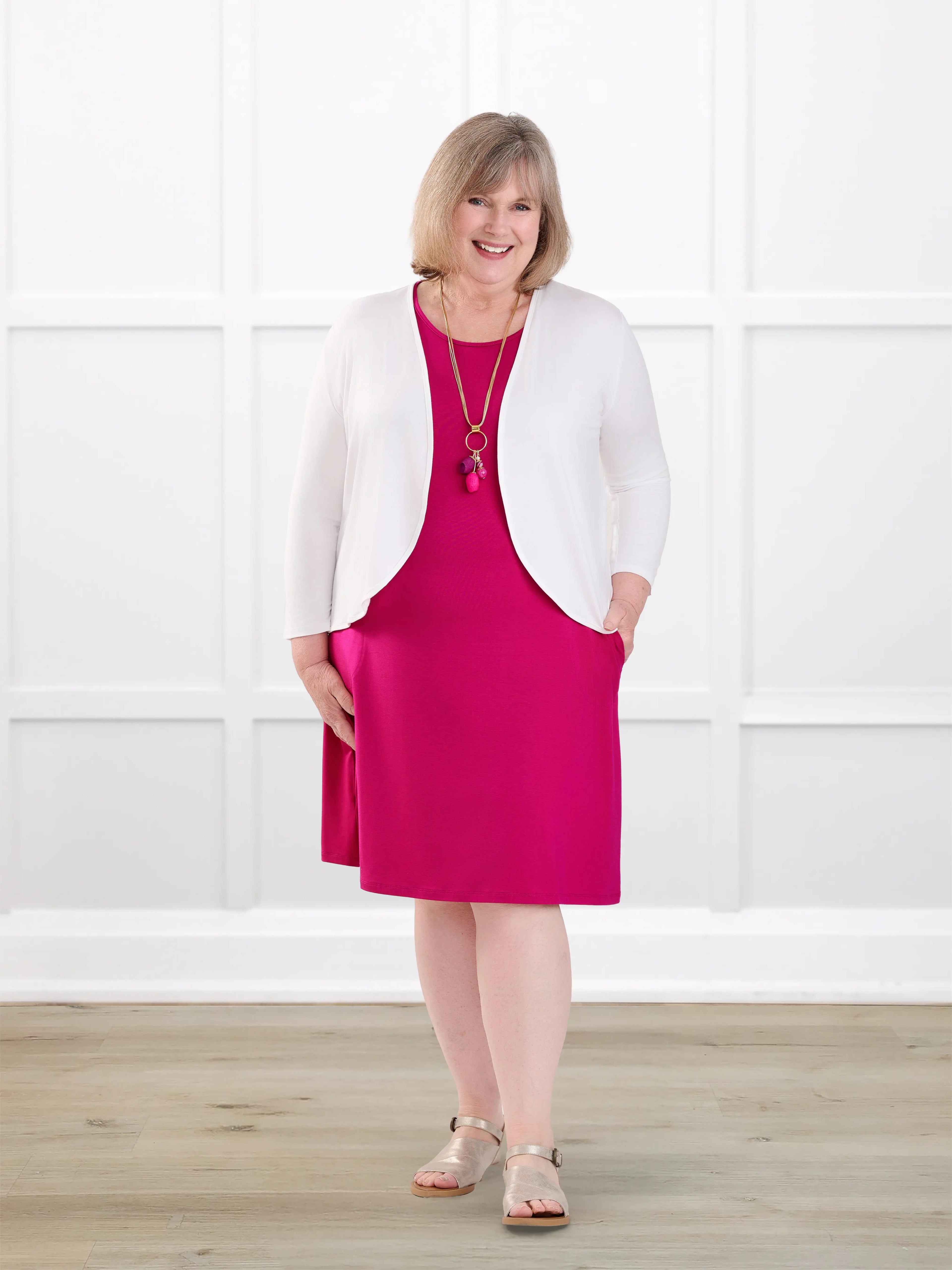 Aleeza t shirt dress with pockets for women in Dragon fruit on model Laurie, size XXL @Laurie-XXL