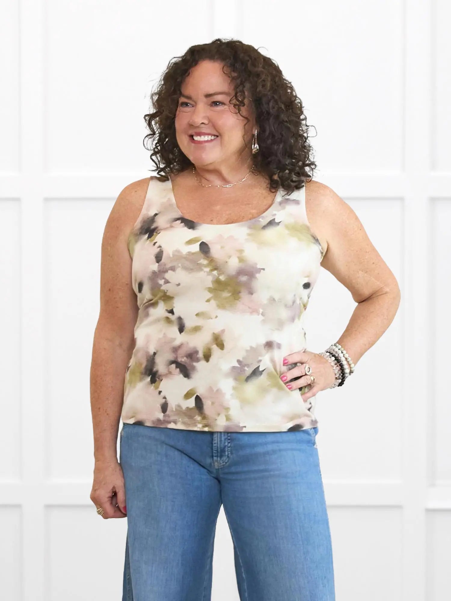 Amina reversible neckline shel bra tank for women in Rosewater on model Kerri, size M @Kerri-M