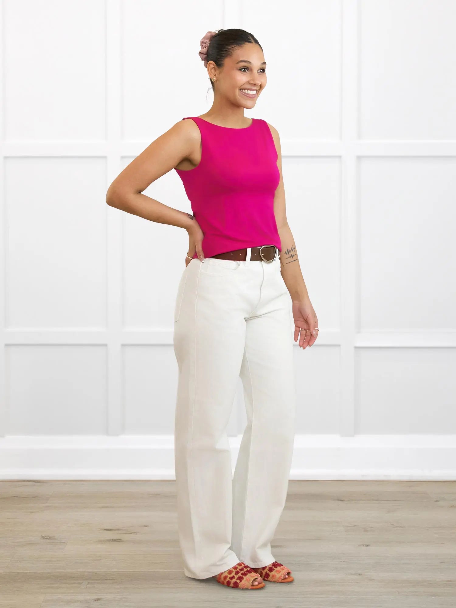 Amina reversible neckline shel bra tank for women in Dragon fruit on model Meron, size XS @Meron-XS