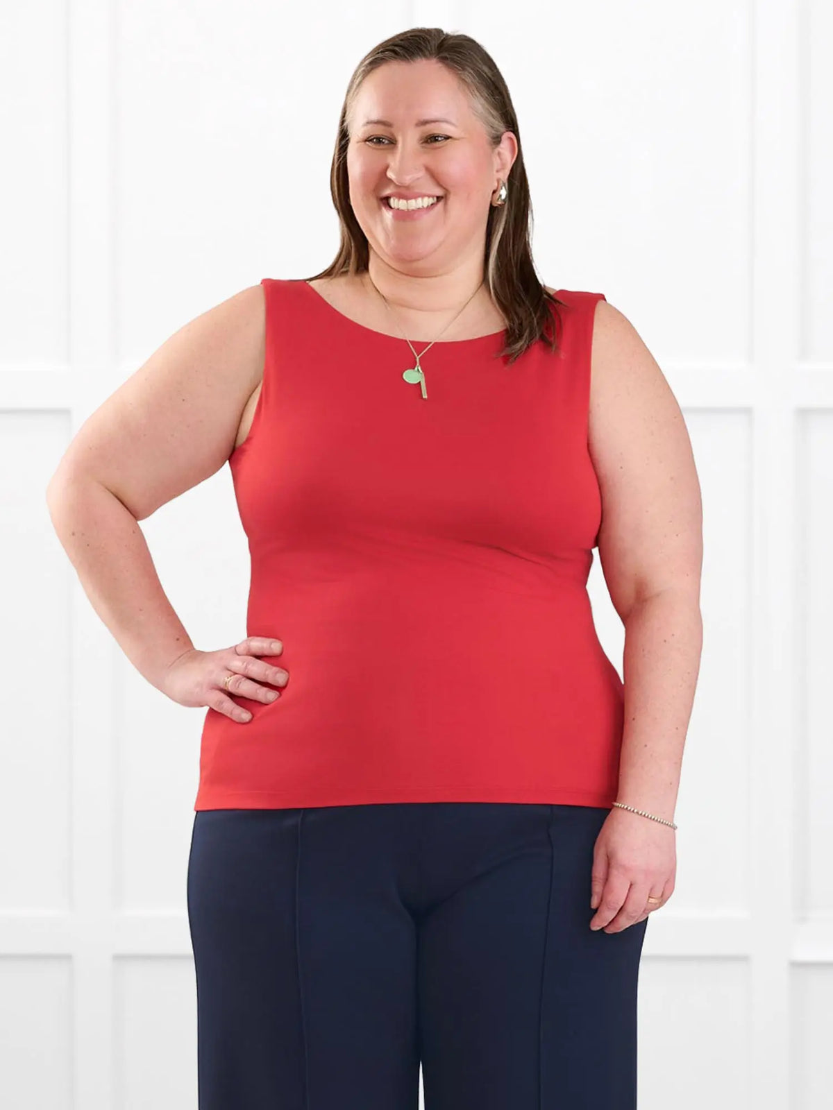 Amina reversible neckline shelf bra tank for women in Chili on model Cristina, size XXL @Cristina-XXL
