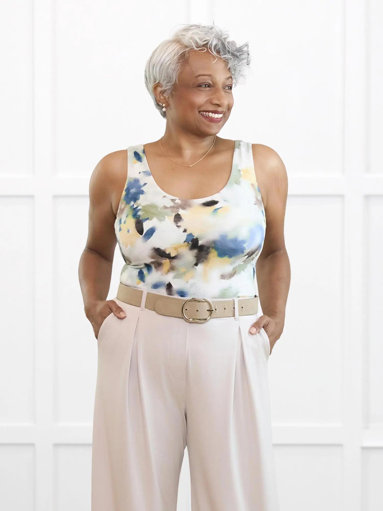 Amina reversible neckline shelf bra tank for women 00 in Morning dew on model Keethai, size M @Keethai-M