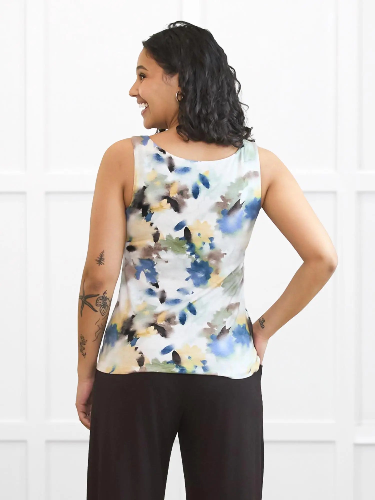 Amina reversible neckline shelf bra tank for women 00 in Morning dew on model Meron, size XS @Meron-XS