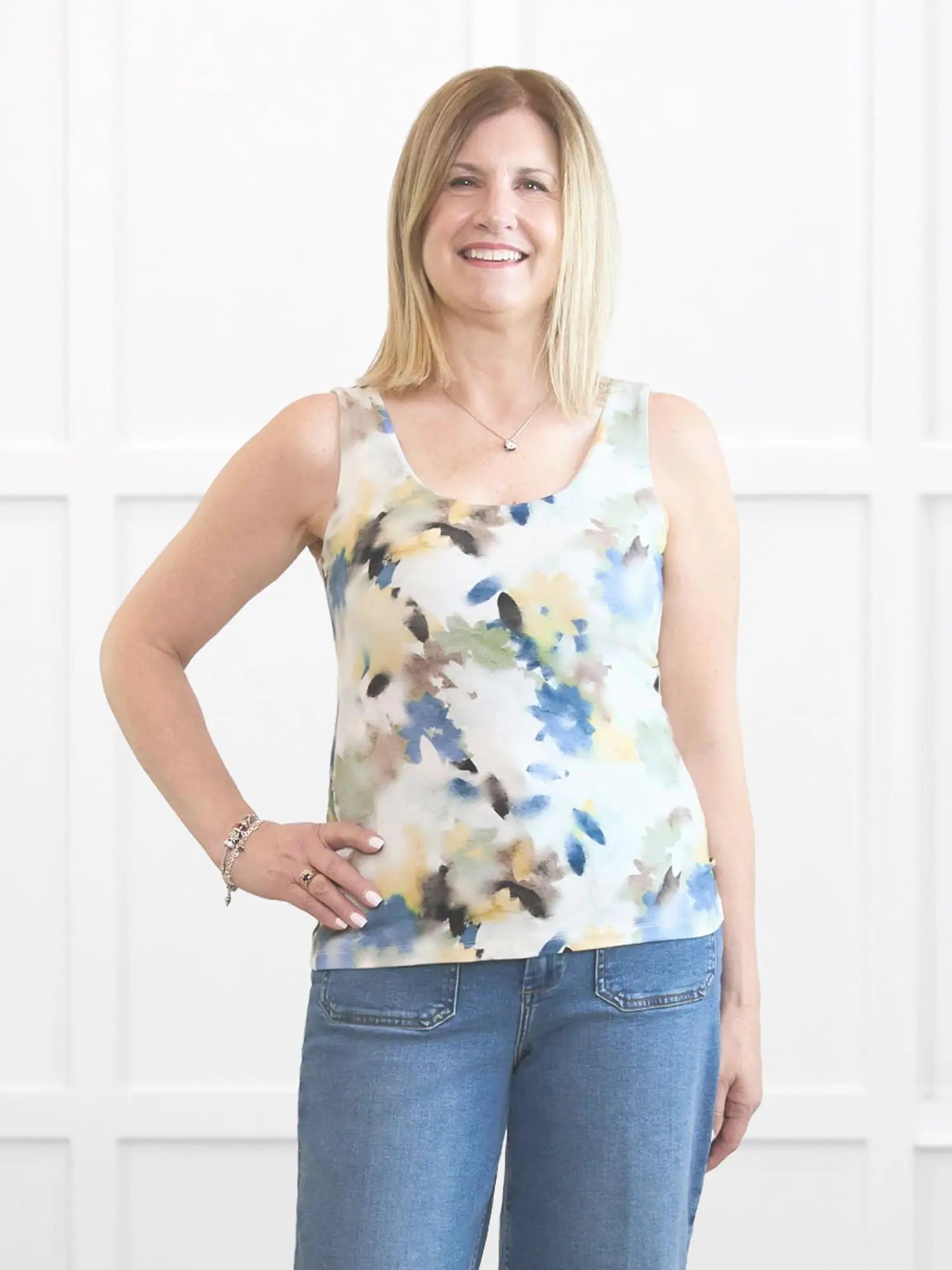 Amina reversible neckline shelf bra tank for women 00 in Morning dew on model Natasha, size S @Natasha-S