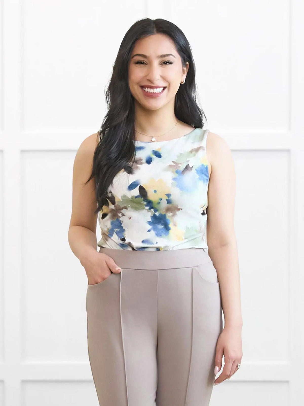 Amina reversible neckline shelf bra tank for women 00 in Morning dew on model Yasmine, size XS @Yasmine-XS