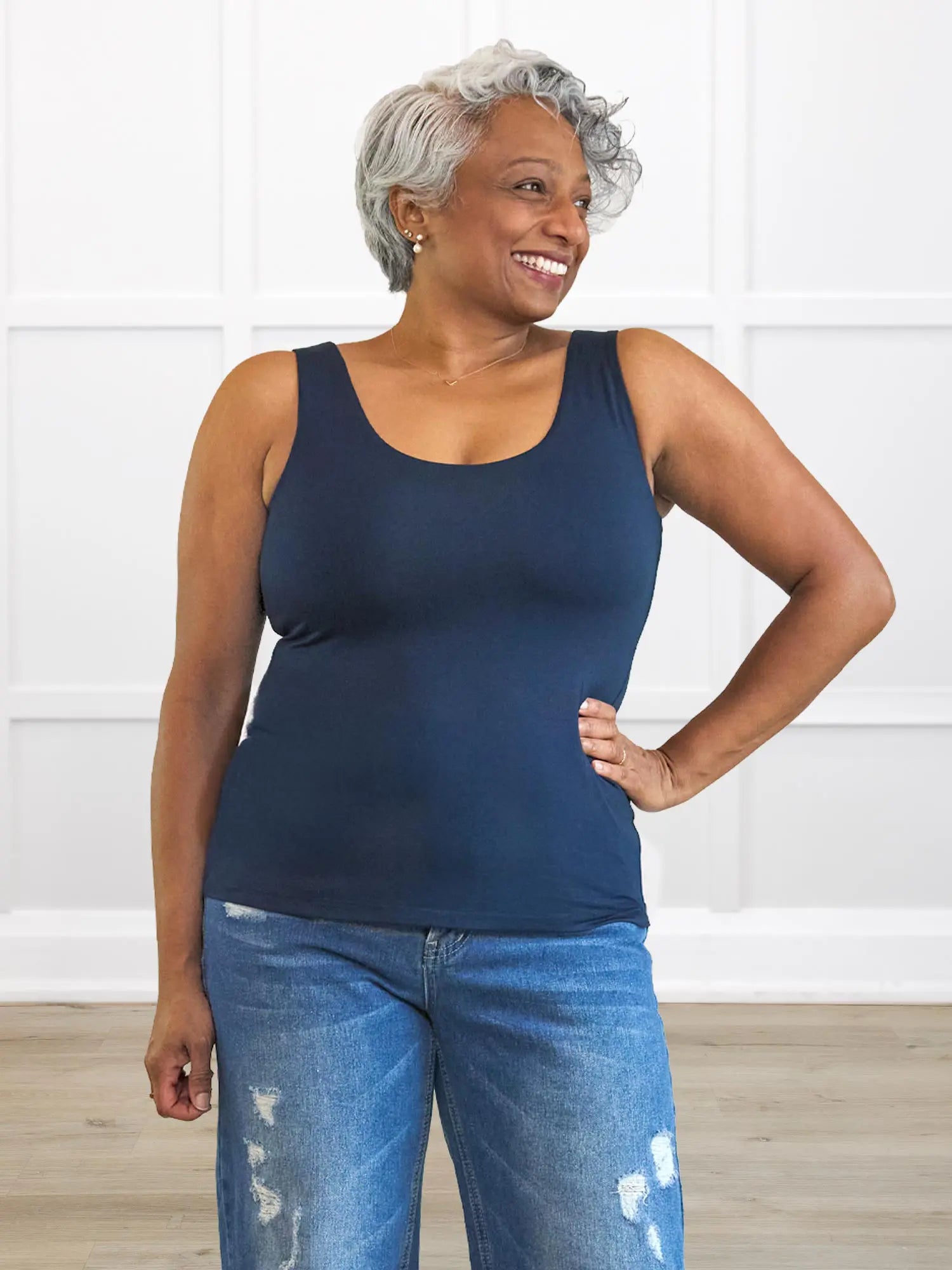 Amina reversible neckline shelf bra tank for women in Navy on model Keethai, size M @Keethai-M
