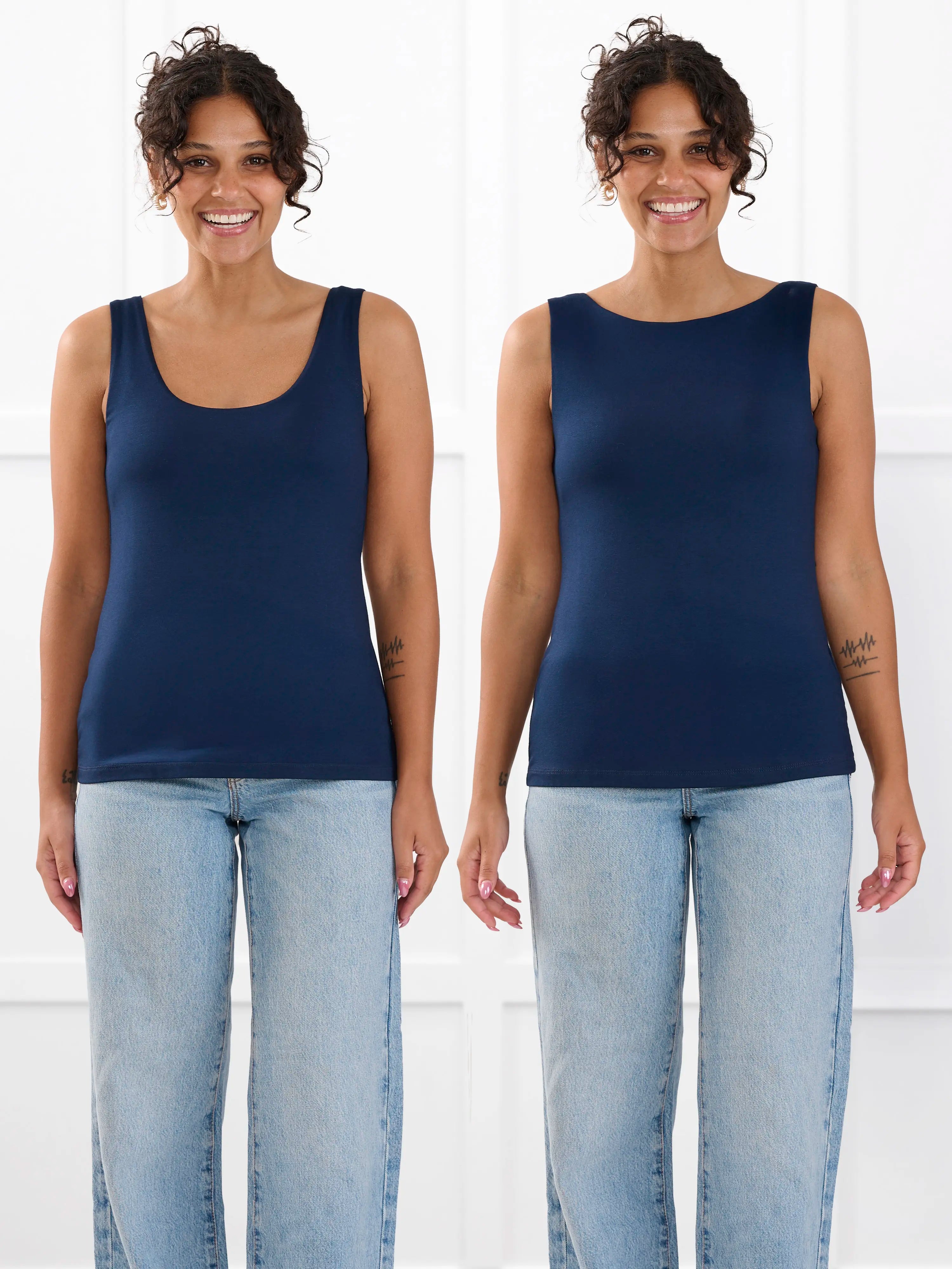 Amina reversible neckline shelf bra tank for women in Navy on model Meron, size XS @Meron-XS
