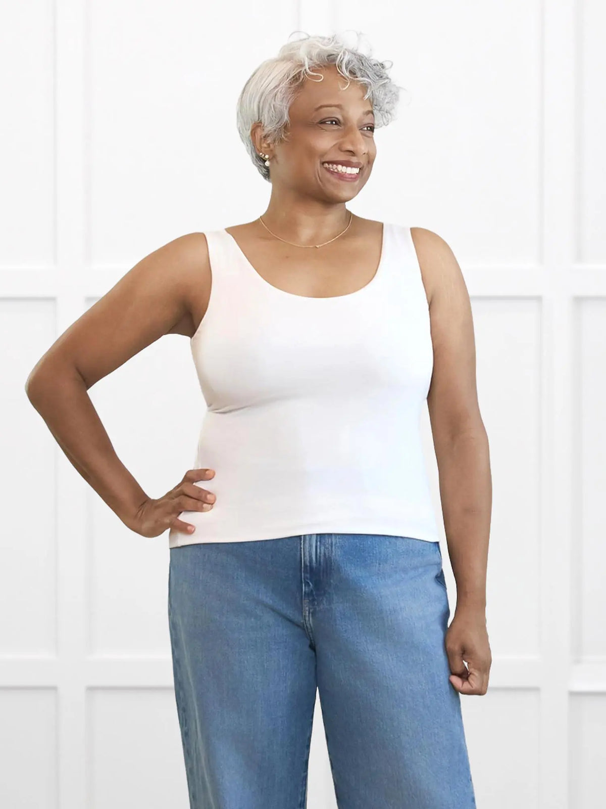 Amina reversible neckline shelf bra tank for women 00 in White on model Keethai, size M @Keethai-M