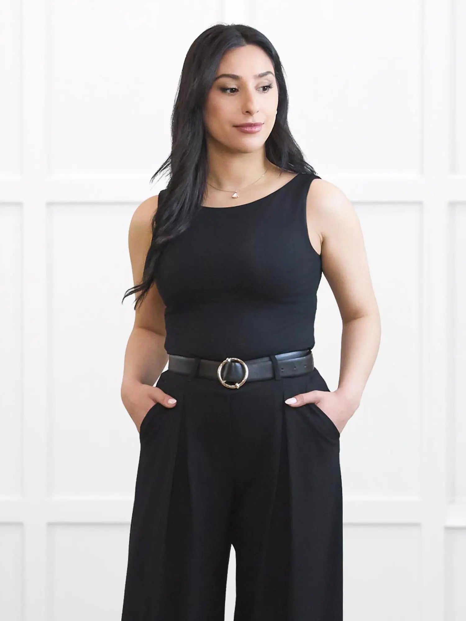 Amina reversible neckline shelf bra tank for women in Black on model Yasmine, size XS @Yasmine-XS