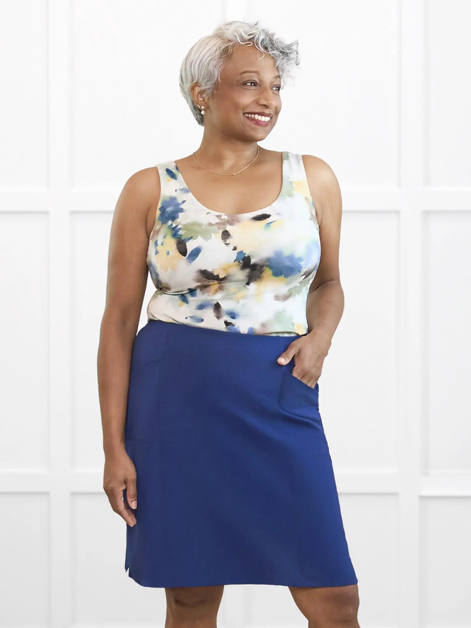 Amina reversible neckline shelf bra tank for women in Morning dew on model Keethai, size M @Keethai-M