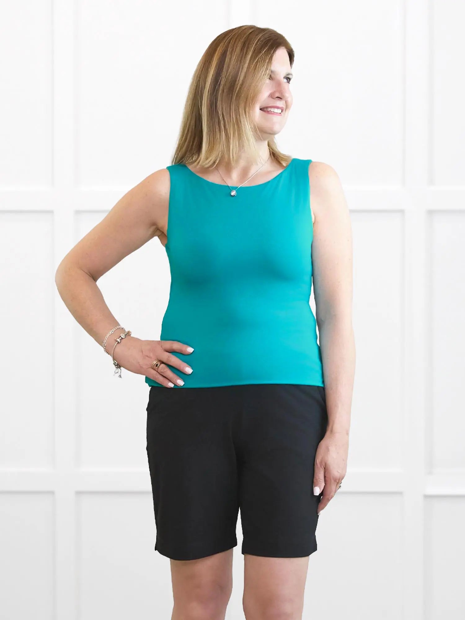 Amina reversible neckline shelf bra tank for women in Sea glass on model Natasha, size S @Natasha-S