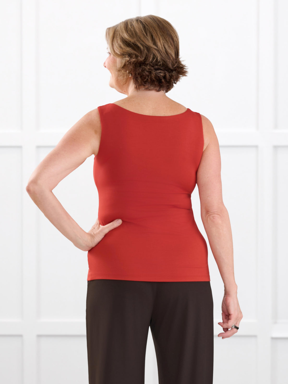 Amina reversible neckline shelf bra tank for women in Terracotta on model Donna, size S @Donna-S