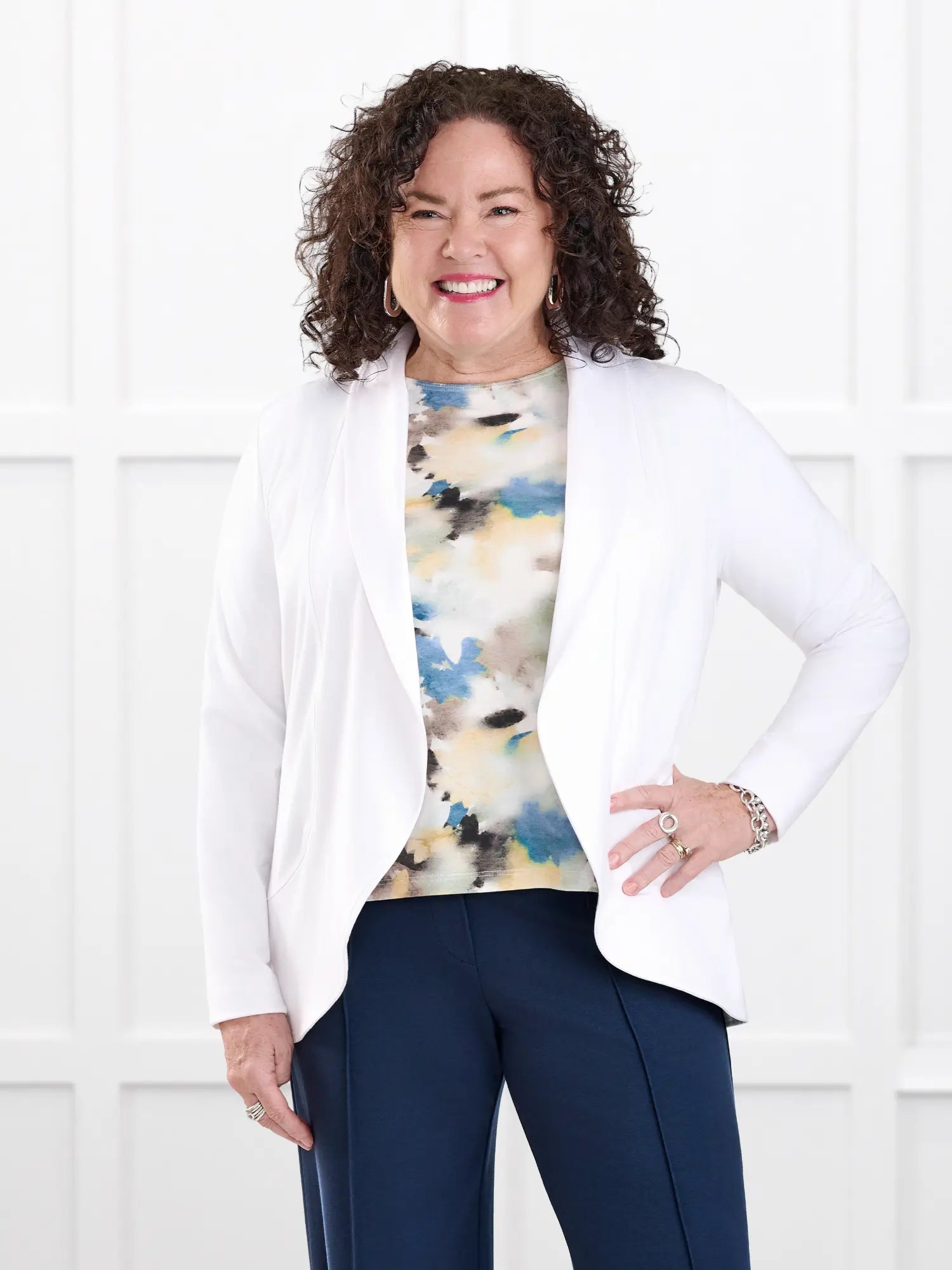 Anne soft stretchy blazer for women in White on model Kerri, size M @Kerri-M