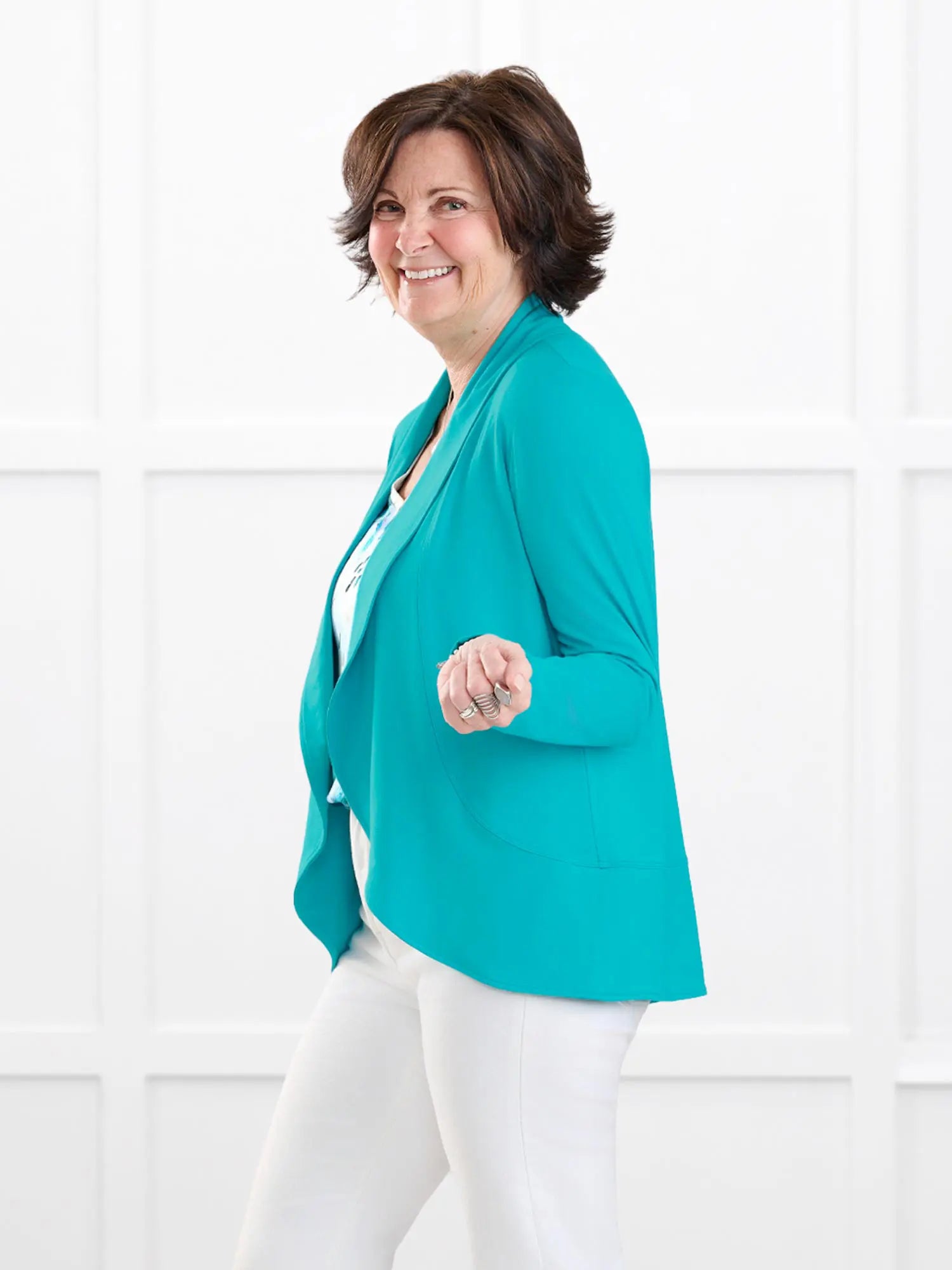 Anne soft stretchy blazer for women in Sea glass on model Donna, size S @Donna-S