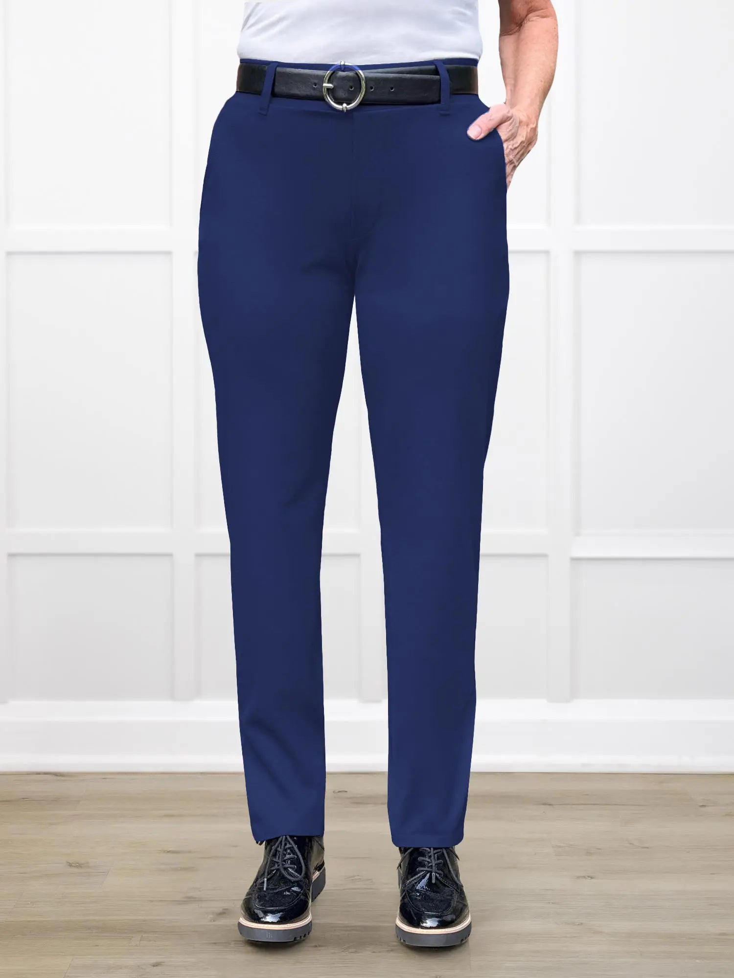 Asia mid rise slim pant for women in Marine blue