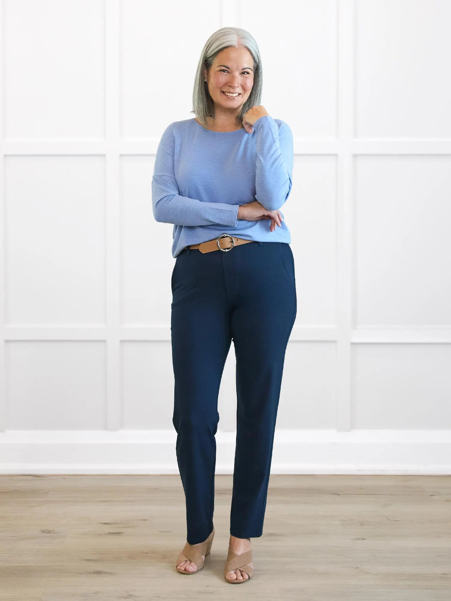 Asia mid rise slim pant for women in Navy on model Kerri, size S Regular @Kerri-S-regular