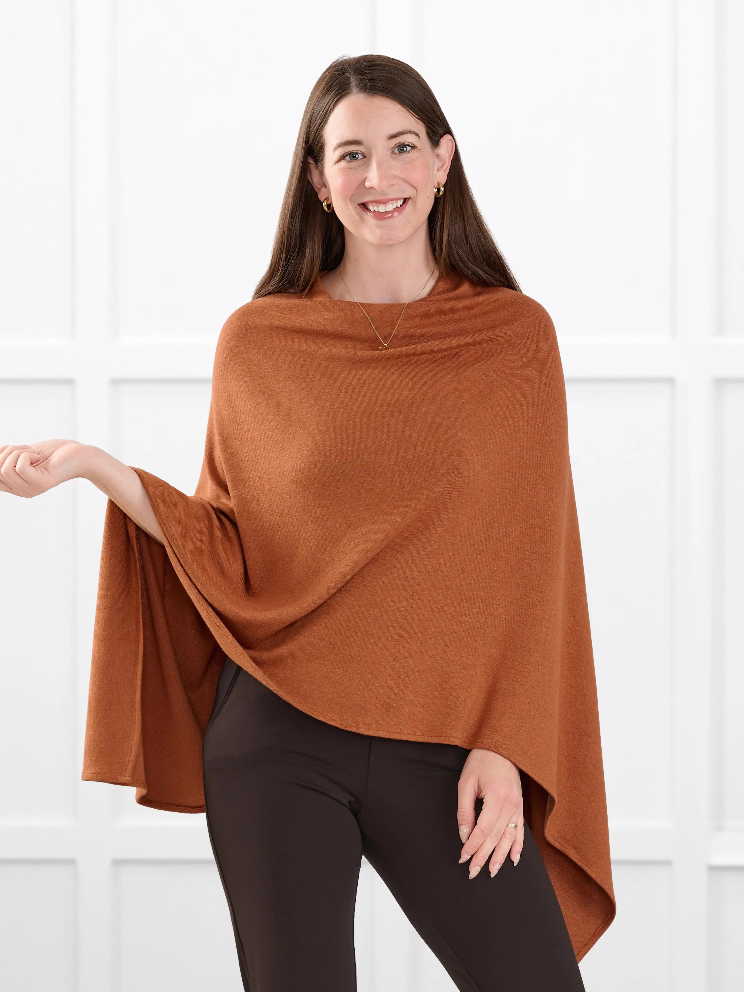Asli lightweight sweater knit poncho for women in Rust