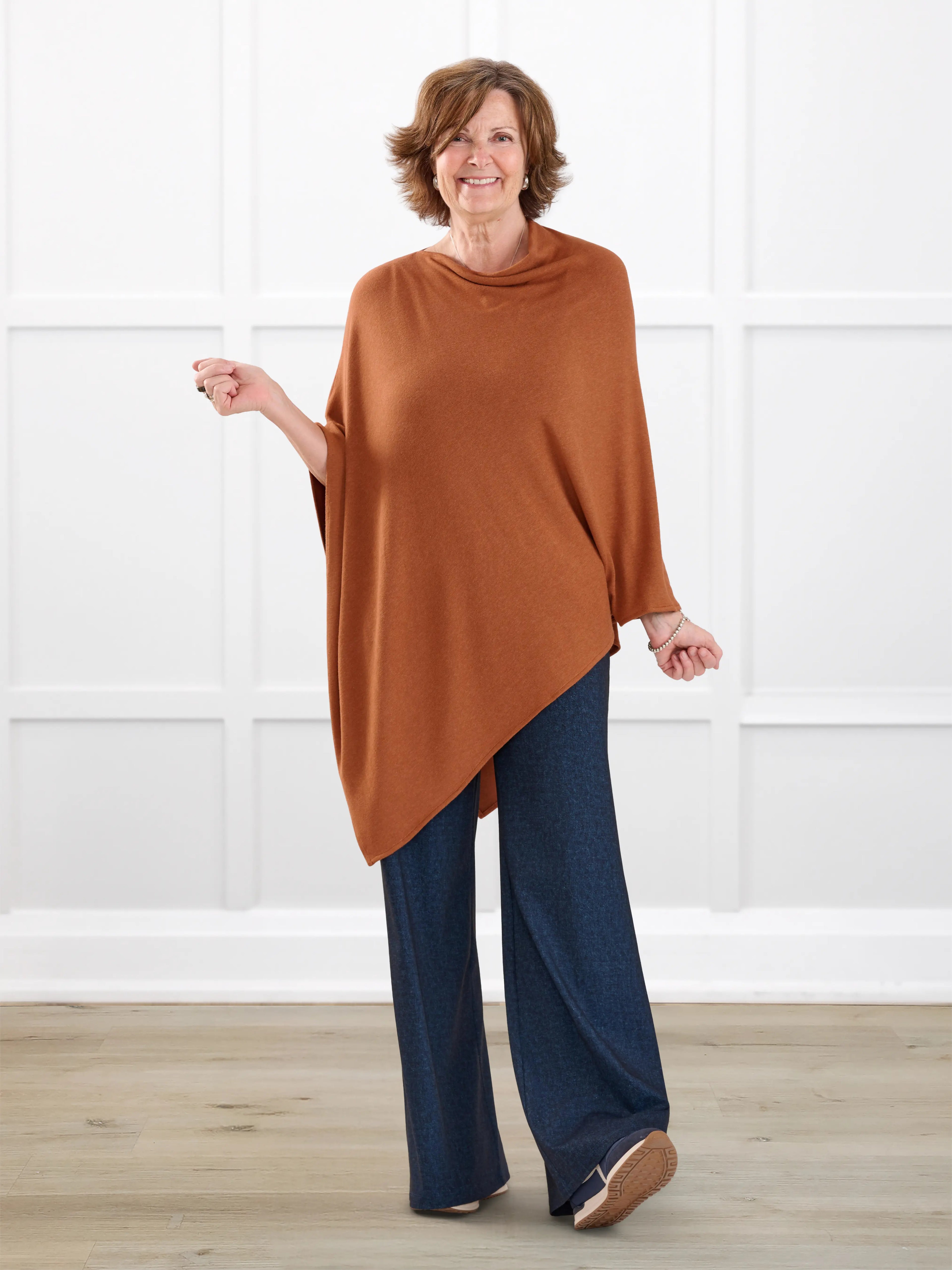 Asli lightweight sweater knit poncho for women in Rust