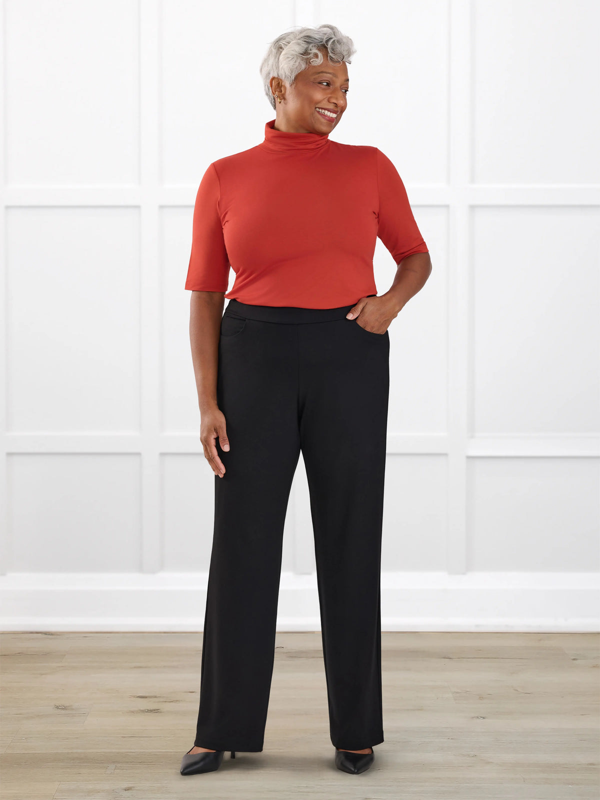 Avalynn mid rise straight leg pant for women in Black on model Keethai, size M @Keethai-M