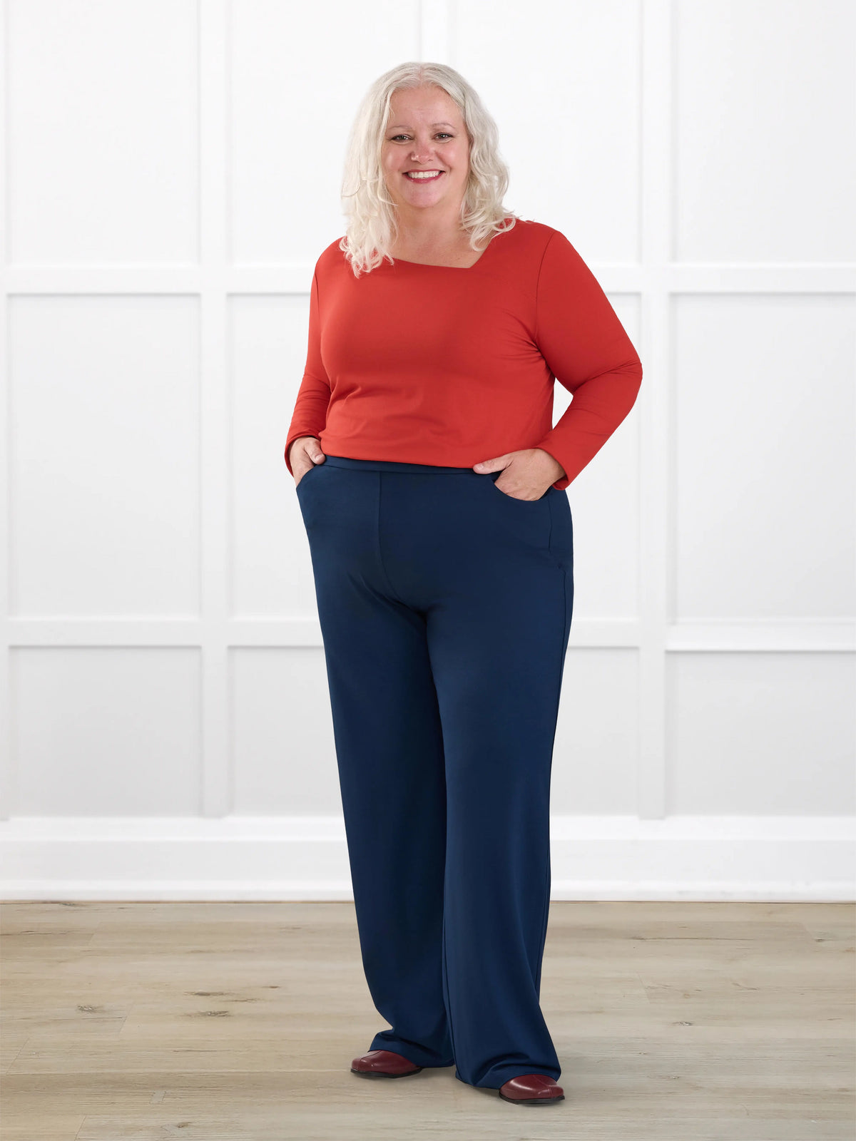 Avalynn mid rise straight leg pant for women in Navy on model Colleen, size XXL @Colleen-XXL